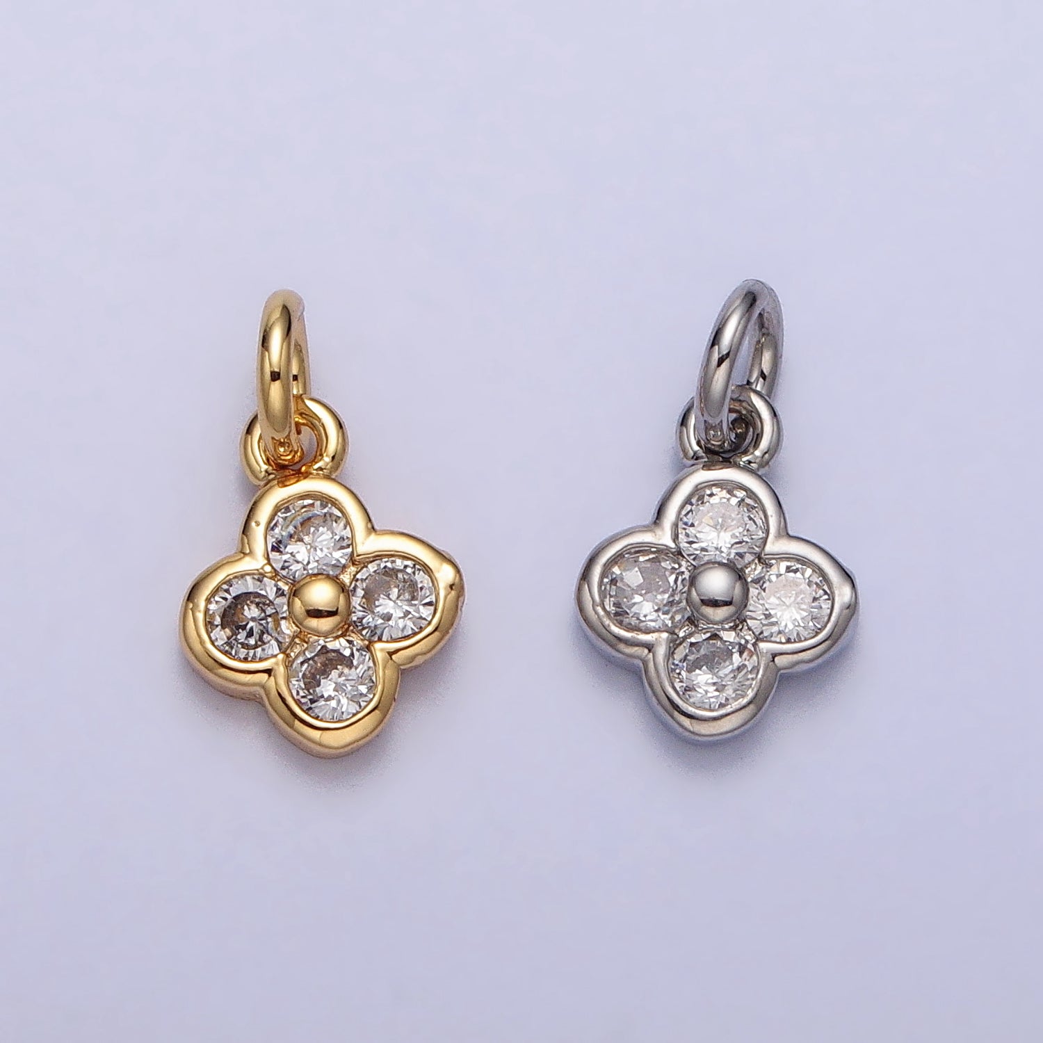 Clear CZ Bezel Clover Quatrefoil Mini Charm in Gold & Silver | AC260 AC261