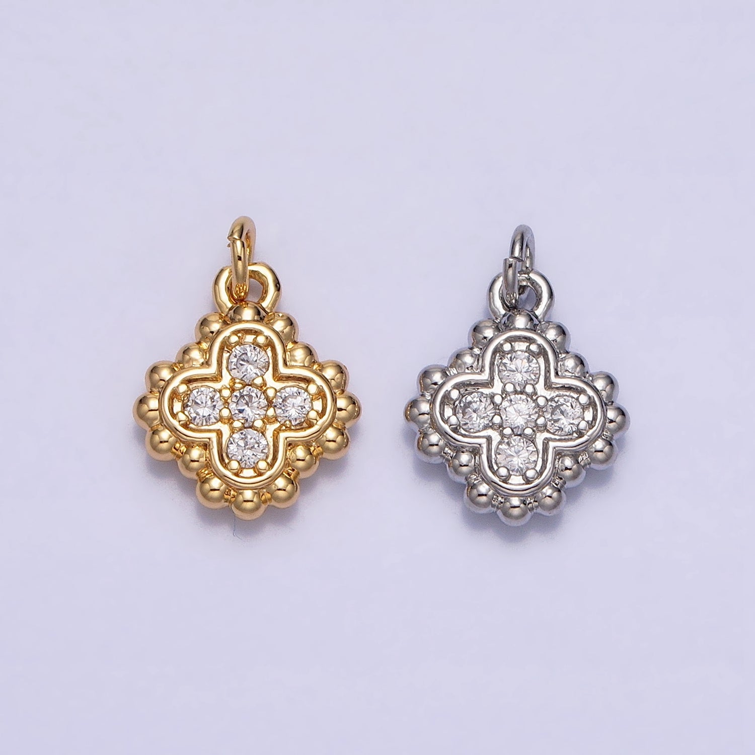 Gold, Silver Beaded Clear Micro Paved Clover Quatrefoil Add-On Charm | AC604 AC621