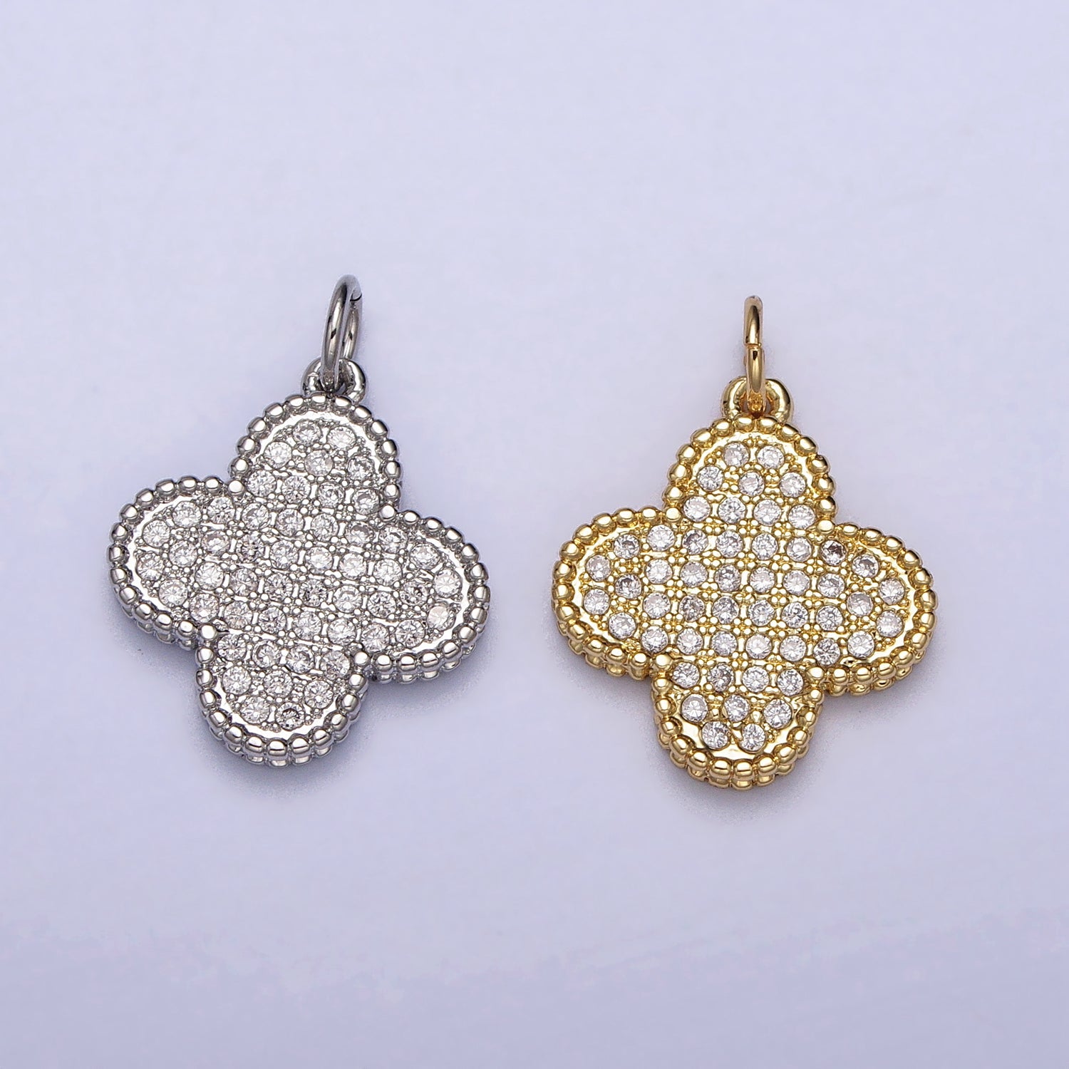 Clear Micro Paved CZ Quatrefoil Clover Charm in Gold & Silver | AC-016 AC-017