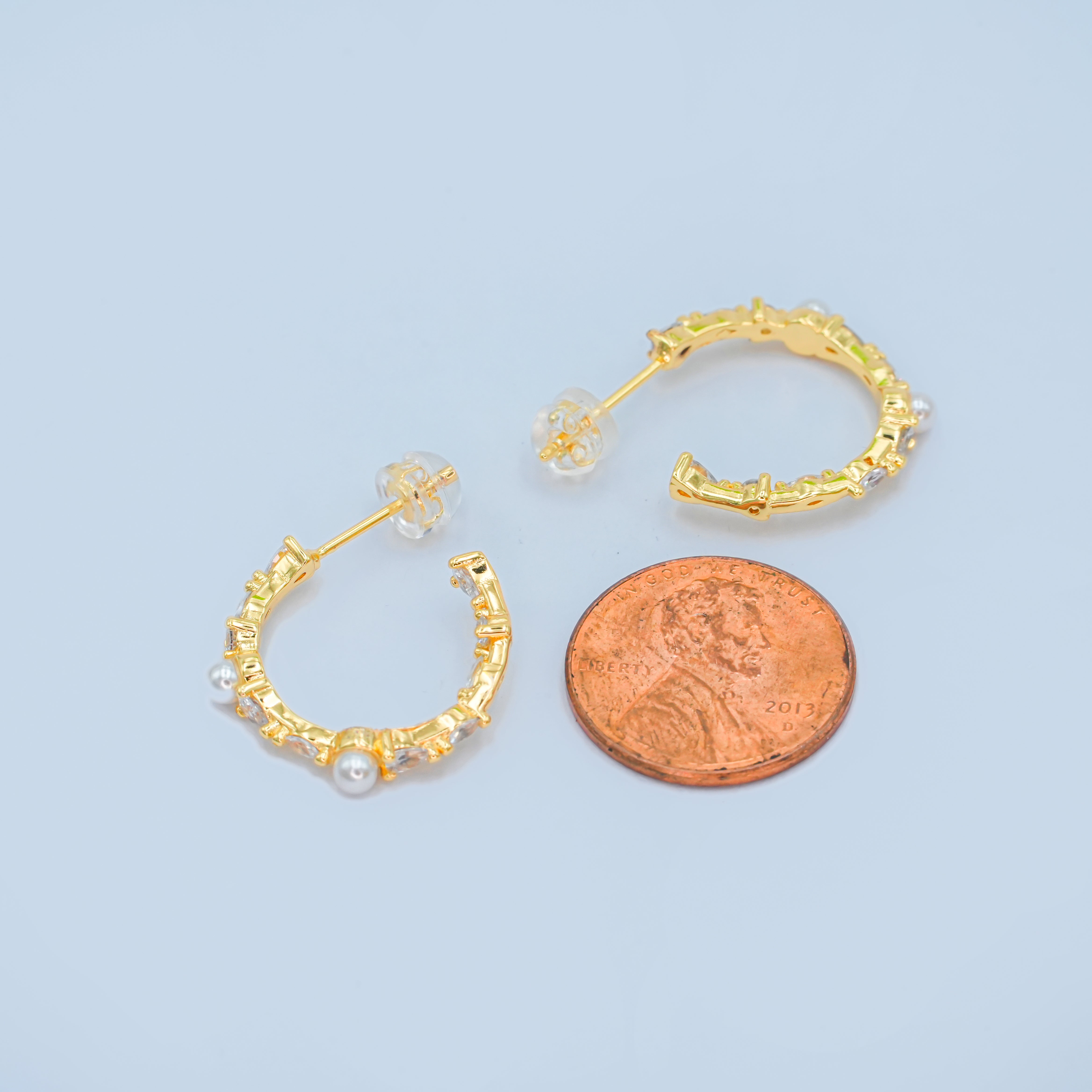 24K Gold Filled CZ Shell Pearl C-Shape Earrings in Gold & Silver | AB1467 AB1468