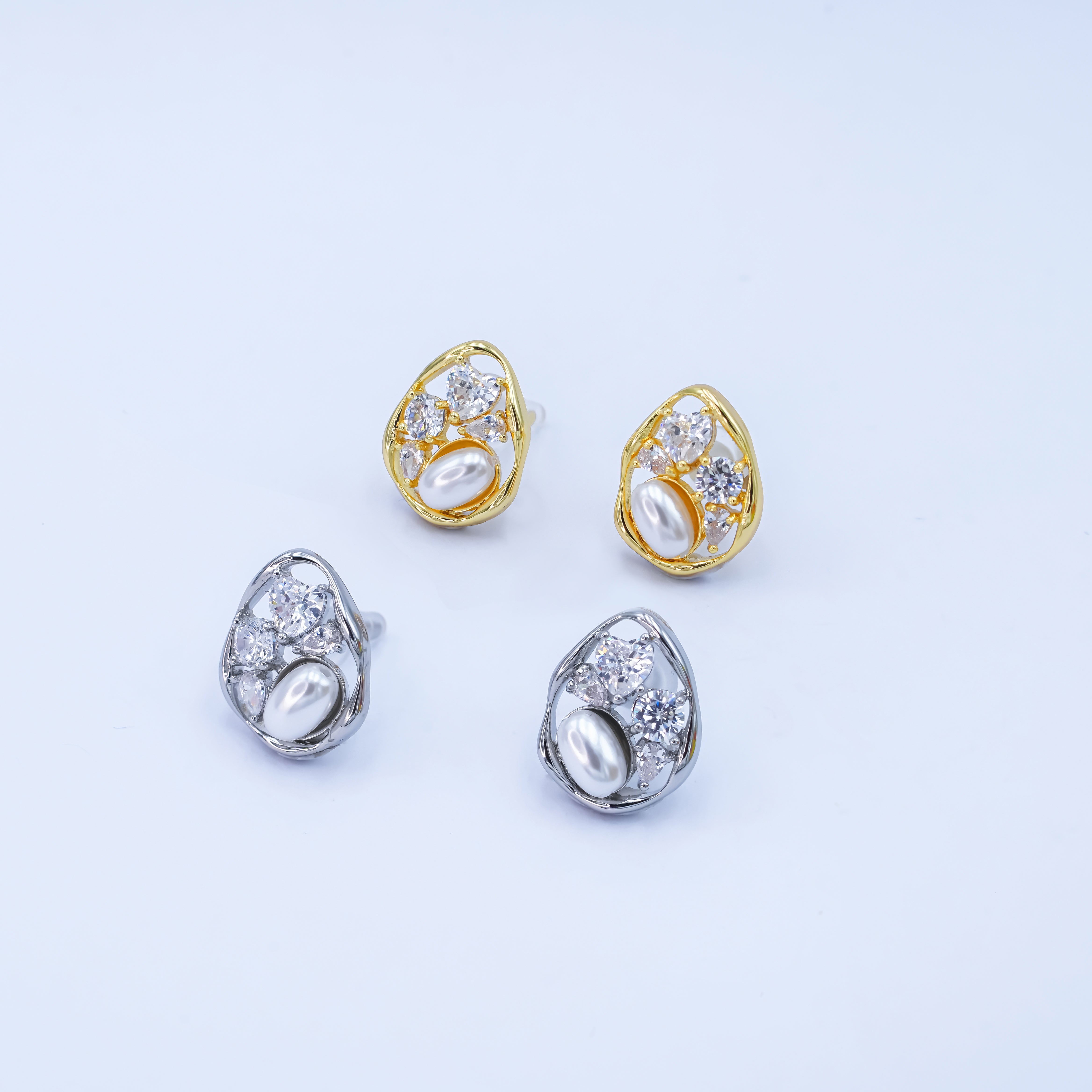 24K Gold Plated Shell Pearl CZ Cluster Teardrop Stud Earrings in Gold & Silver | AB188 AB189