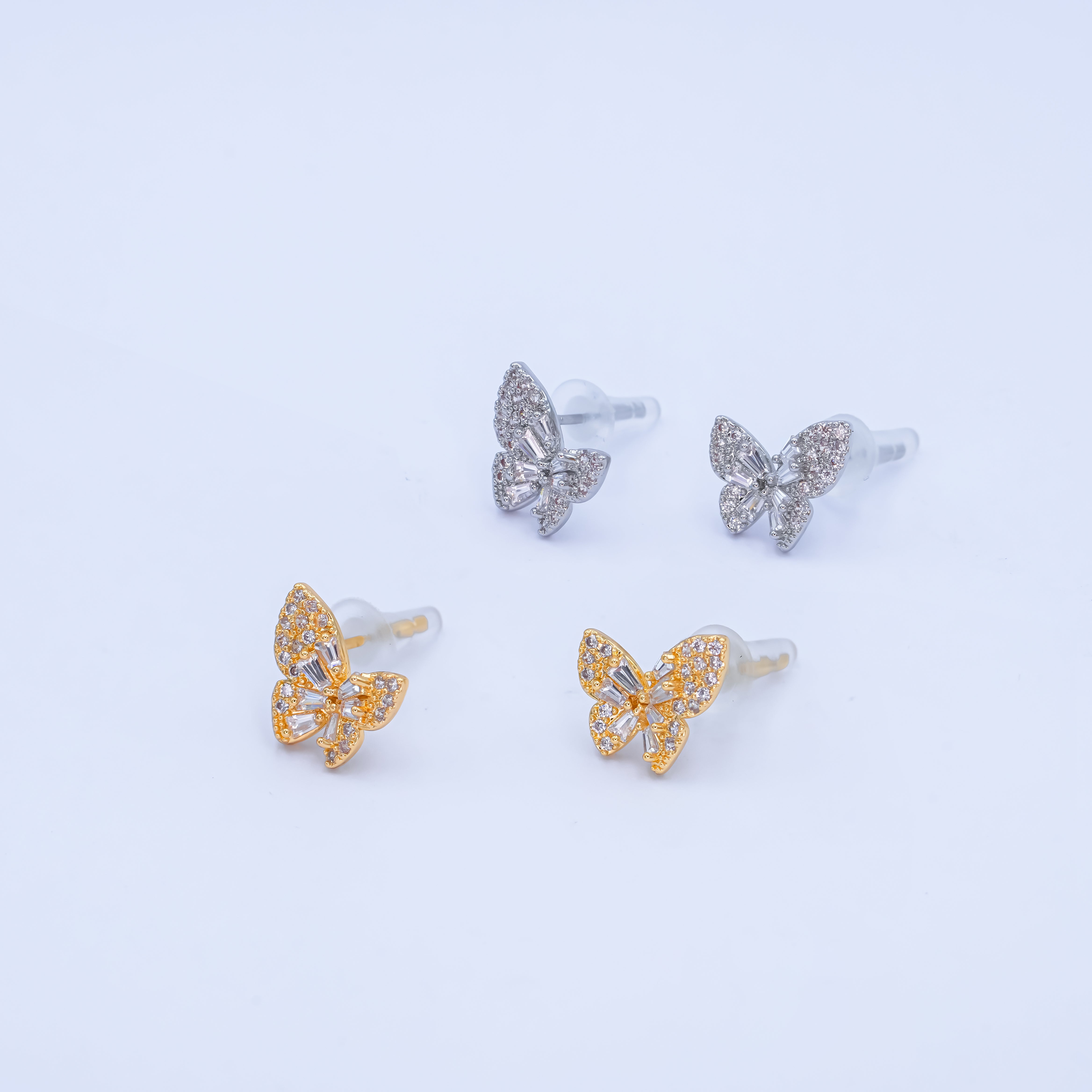 24K Gold Plated Baguette Micro Paved CZ Butterfly Stud Earrings Set in Gold & Silver | AB200 AB221