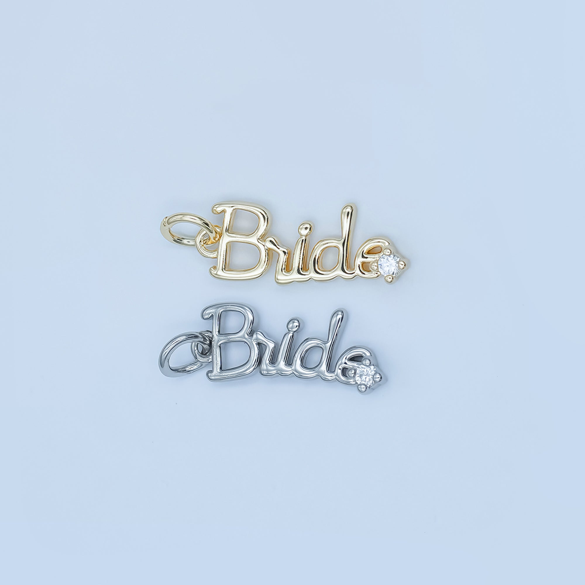 24K Gold Filled "Bride" Cursive Script CZ Charm in Gold & Silver | N091