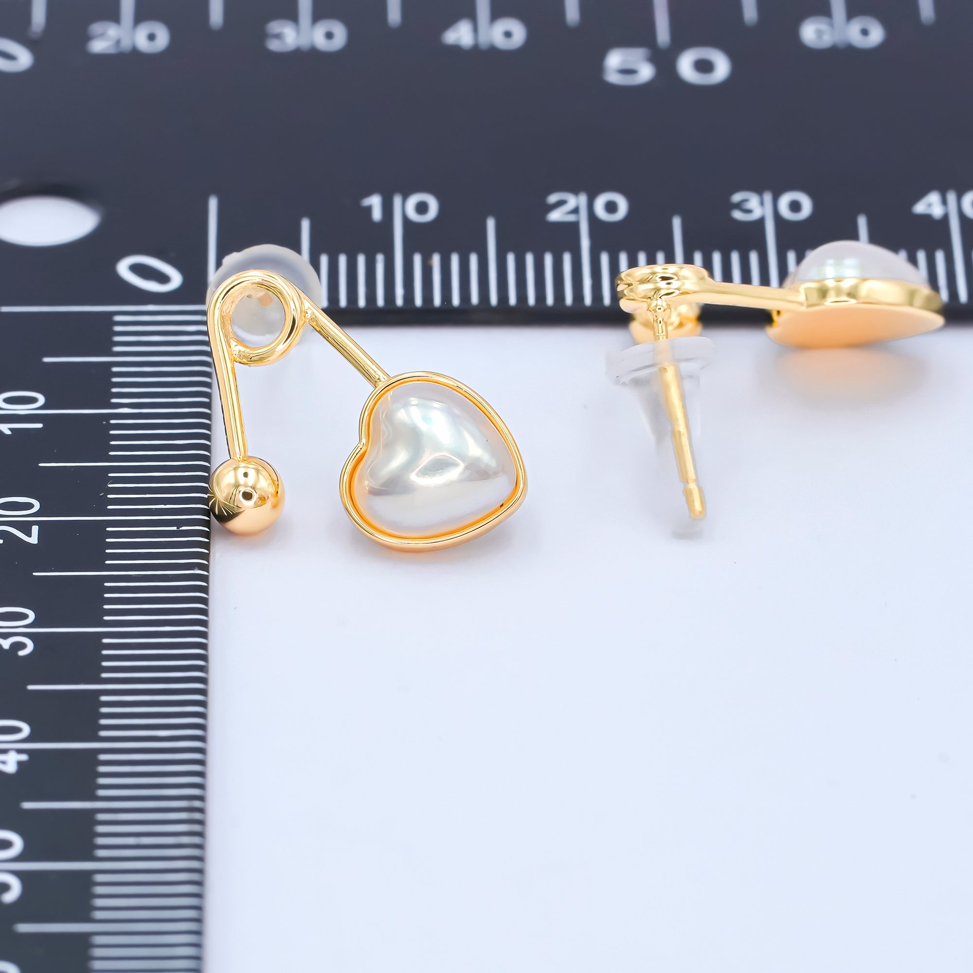 24K Gold Plated White Shell Pearl Heart Safety Pin Earrings Set in Gold & Silver | AB565 AB591