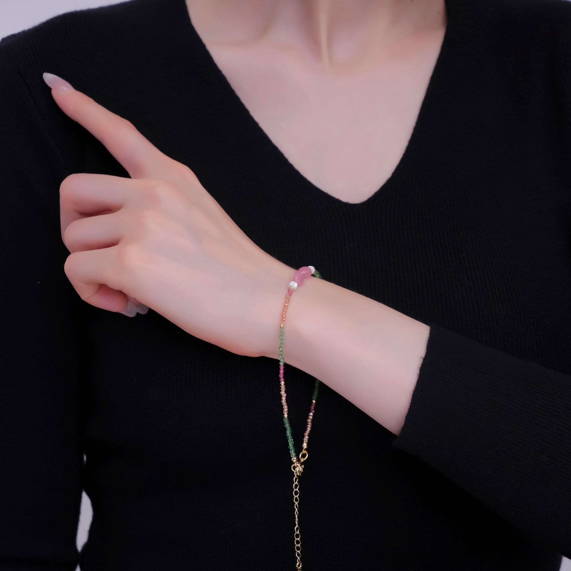 24K Gold Filled Watermelon Quartz Gemstone 9.25 Inch Bracelet | WA-2954