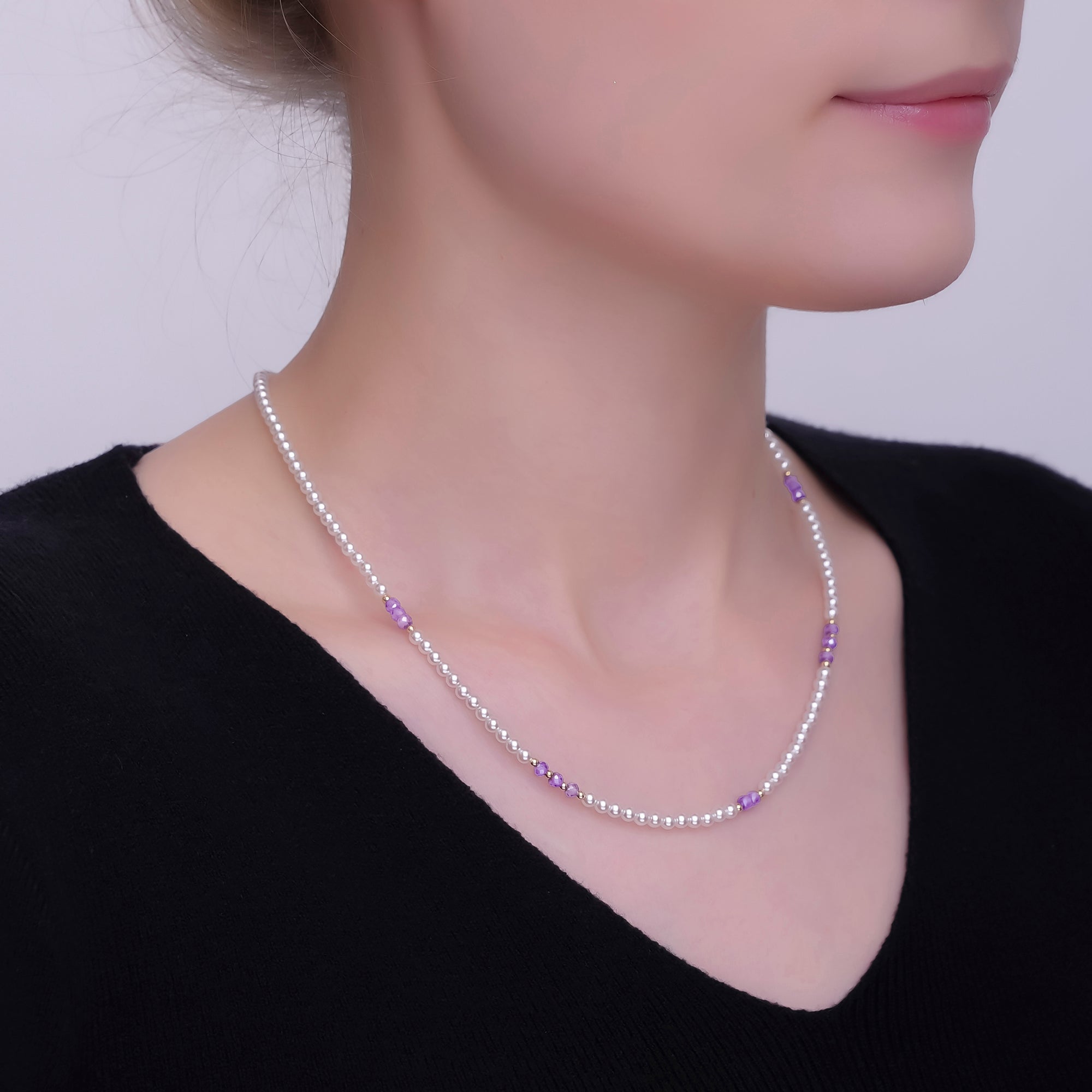 24K Gold Filled Purple Shell Pearl Gemstone Bead 17 Inch Necklace | WA-2957