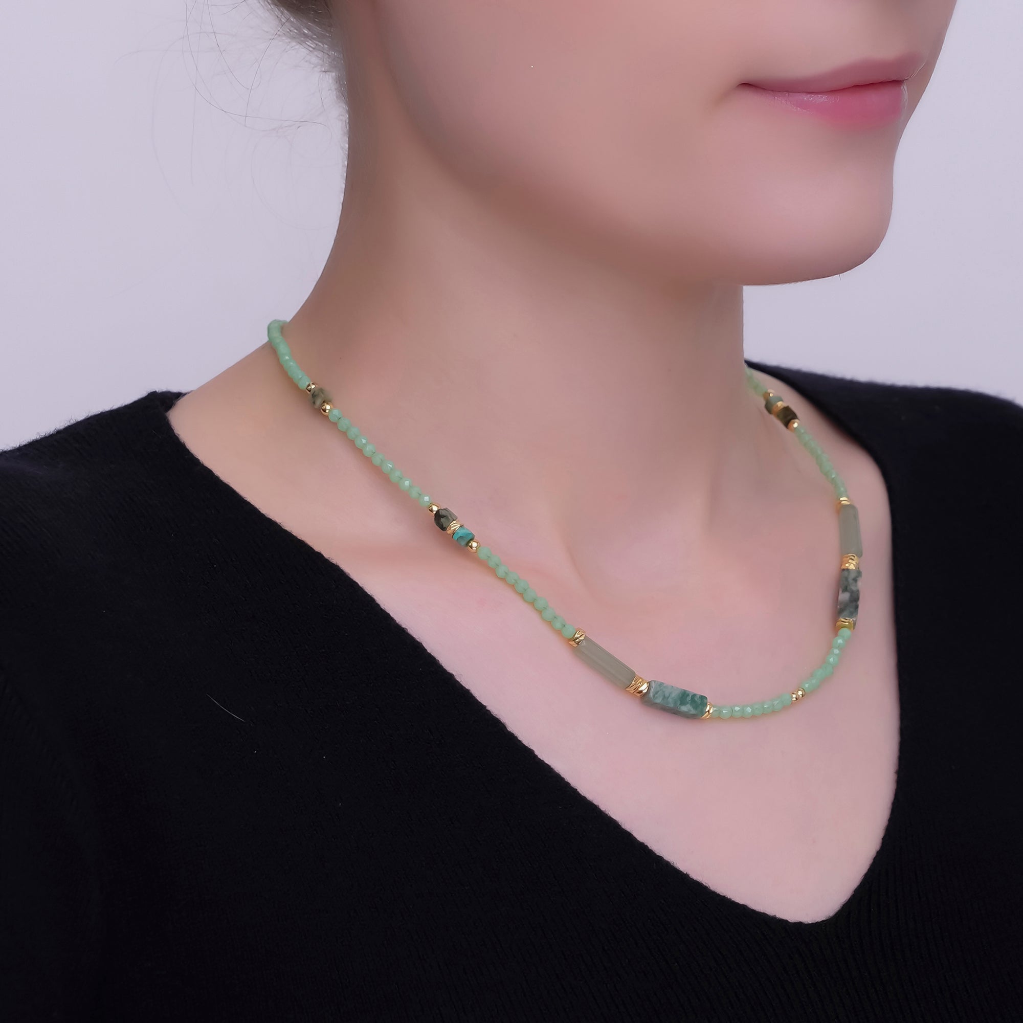 24K Gold Filled Green Malachite Gemstone Bead 17 Inch Necklace | WA-2966