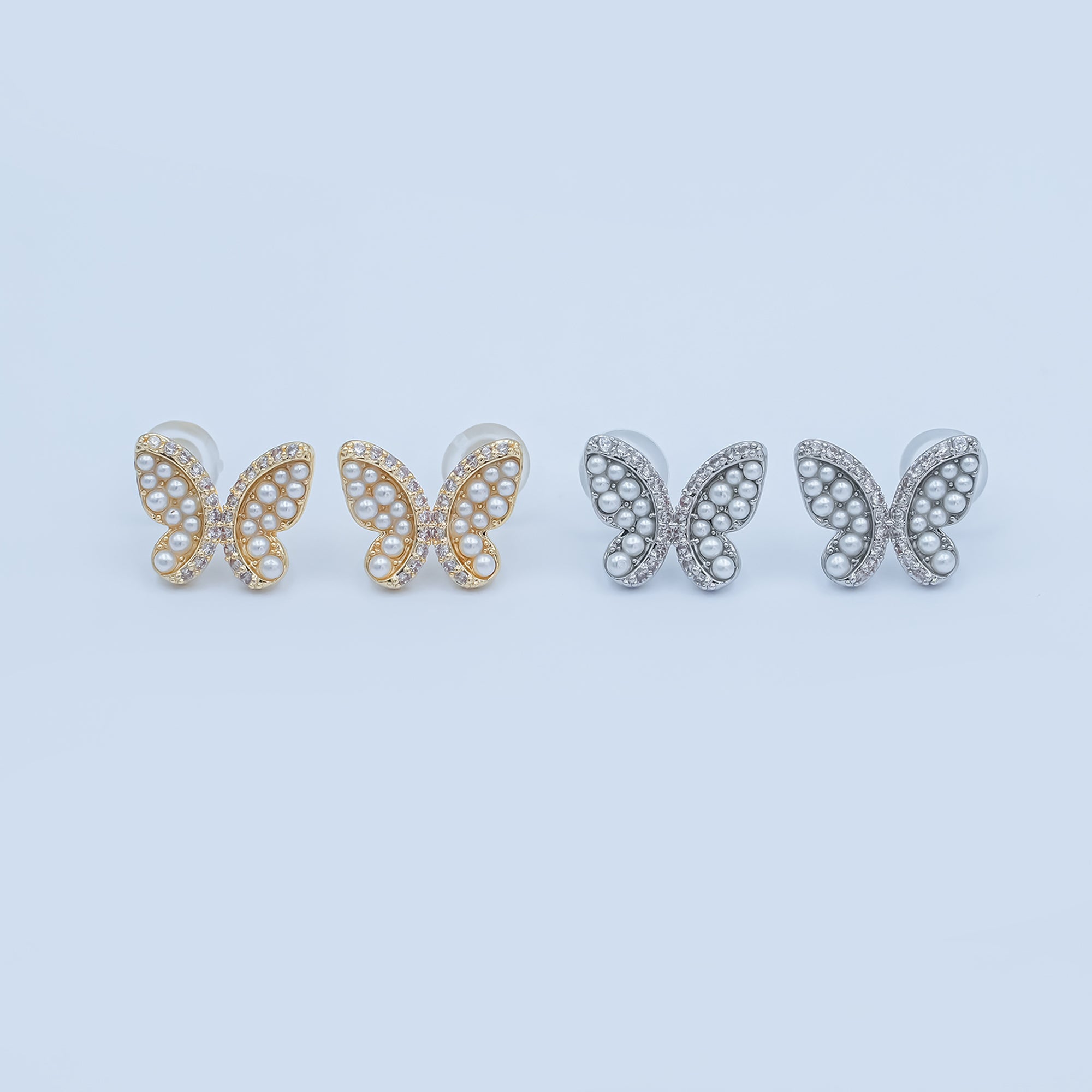 24K Gold Plated Micro Paved CZ Shell Pearl Butterfly Stud Earrings Set in Gold & Silver | AB263 AB264