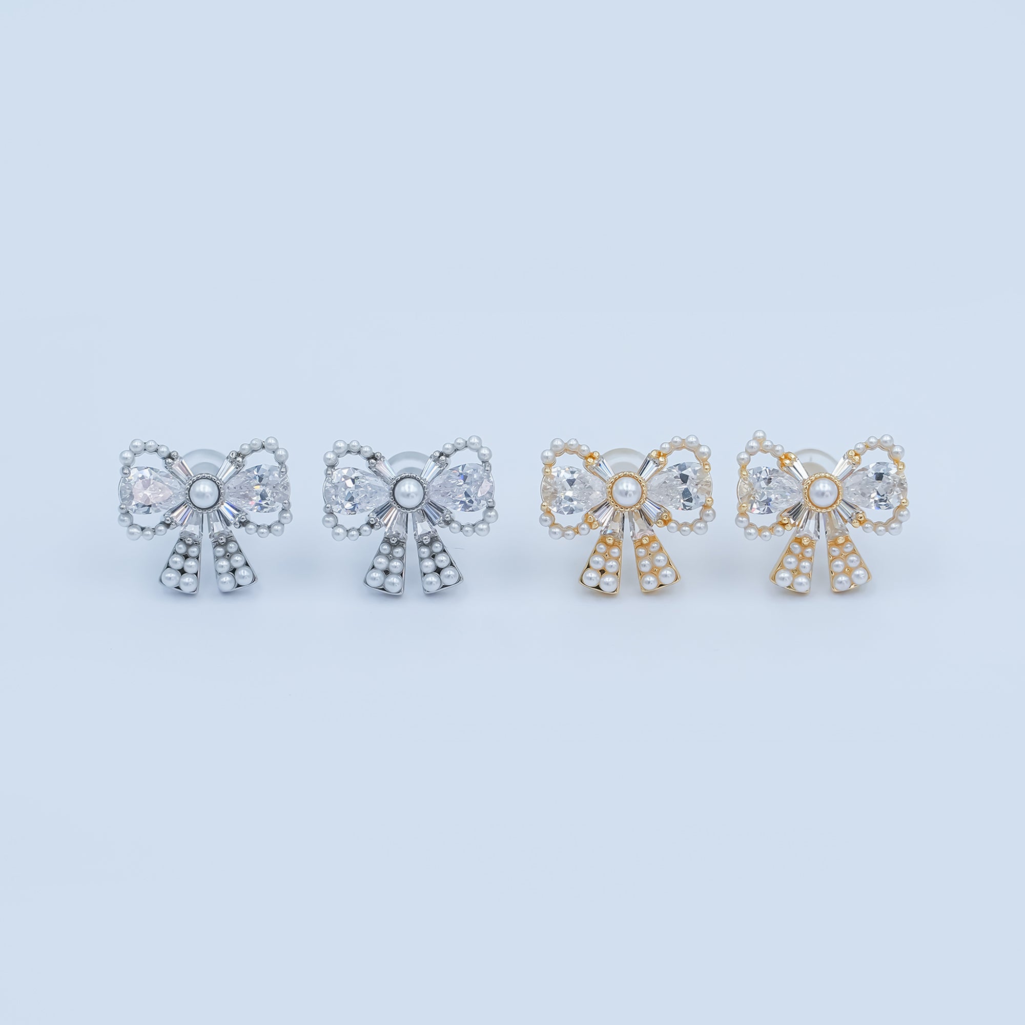 24K Gold Plated CZ Shell Pearl Ribbon Bow Stud Earrings in Gold & Silver | AB170 AB172