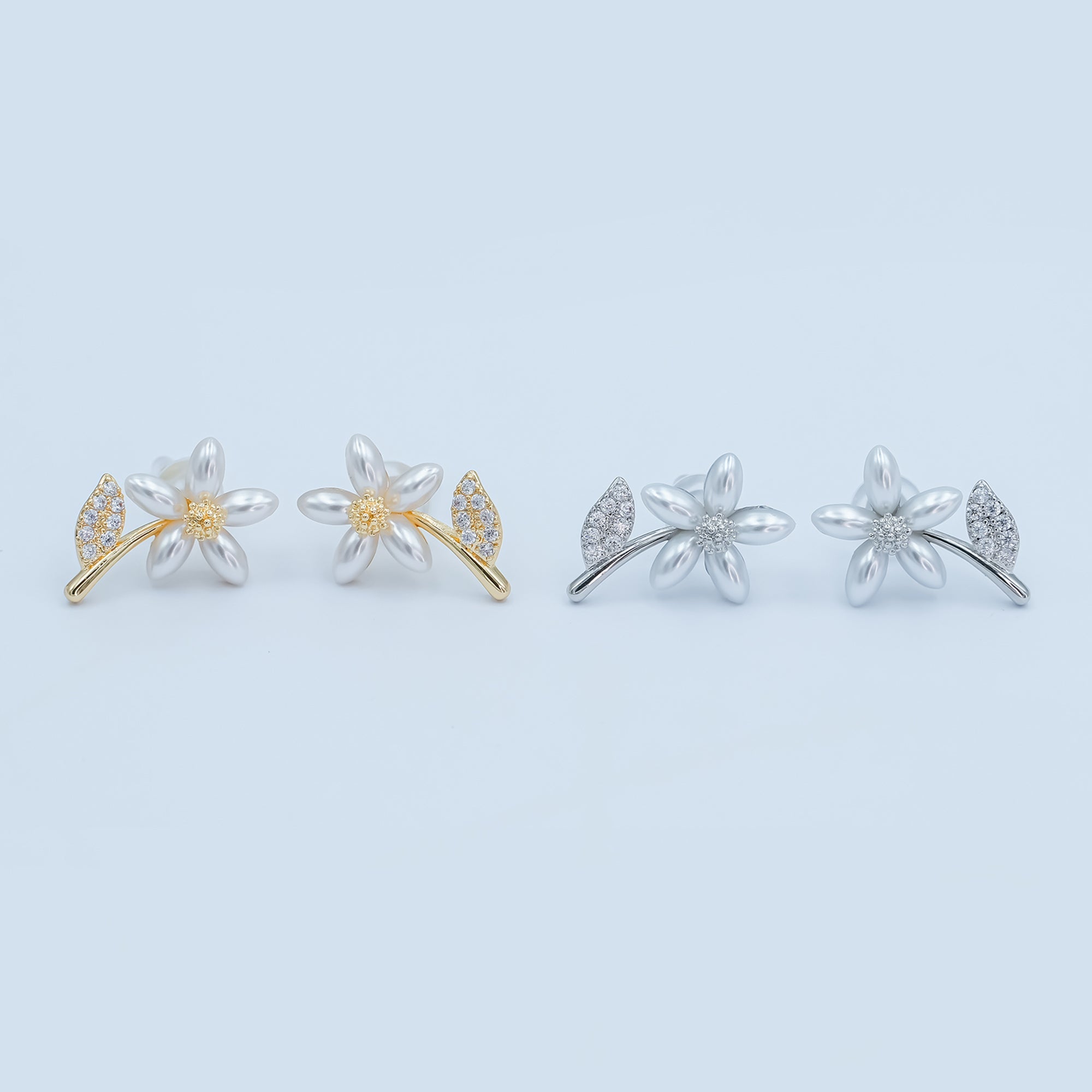 24K Gold Plated Shell Pearl Micro Paved CZ Flower Stud Earrings in Gold & Silver | AB201 AB202