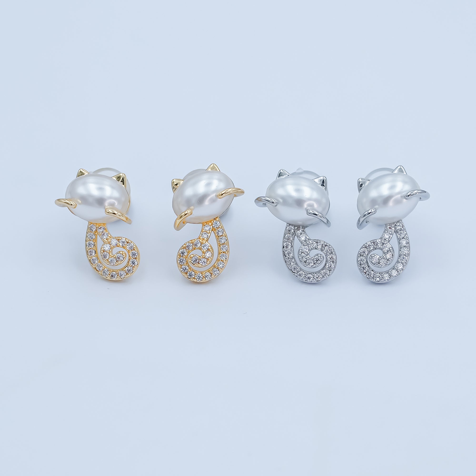 24K Gold Plated Shell Pearl Micro Paved CZ Kitten Cat Stud Earrings in Gold & Silver | AB1085 AB1090