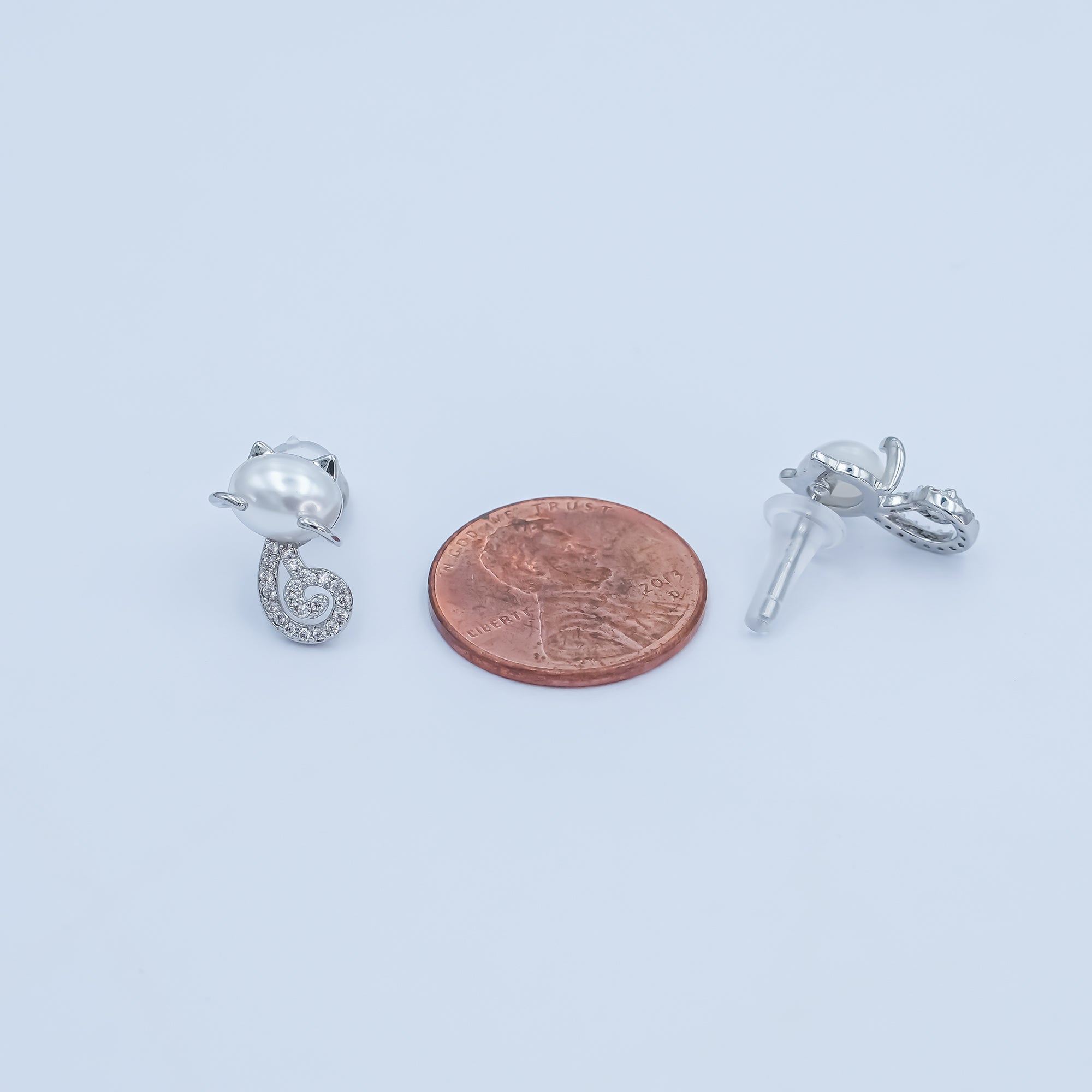 24K Gold Plated Shell Pearl Micro Paved CZ Kitten Cat Stud Earrings in Gold & Silver | AB1085 AB1090