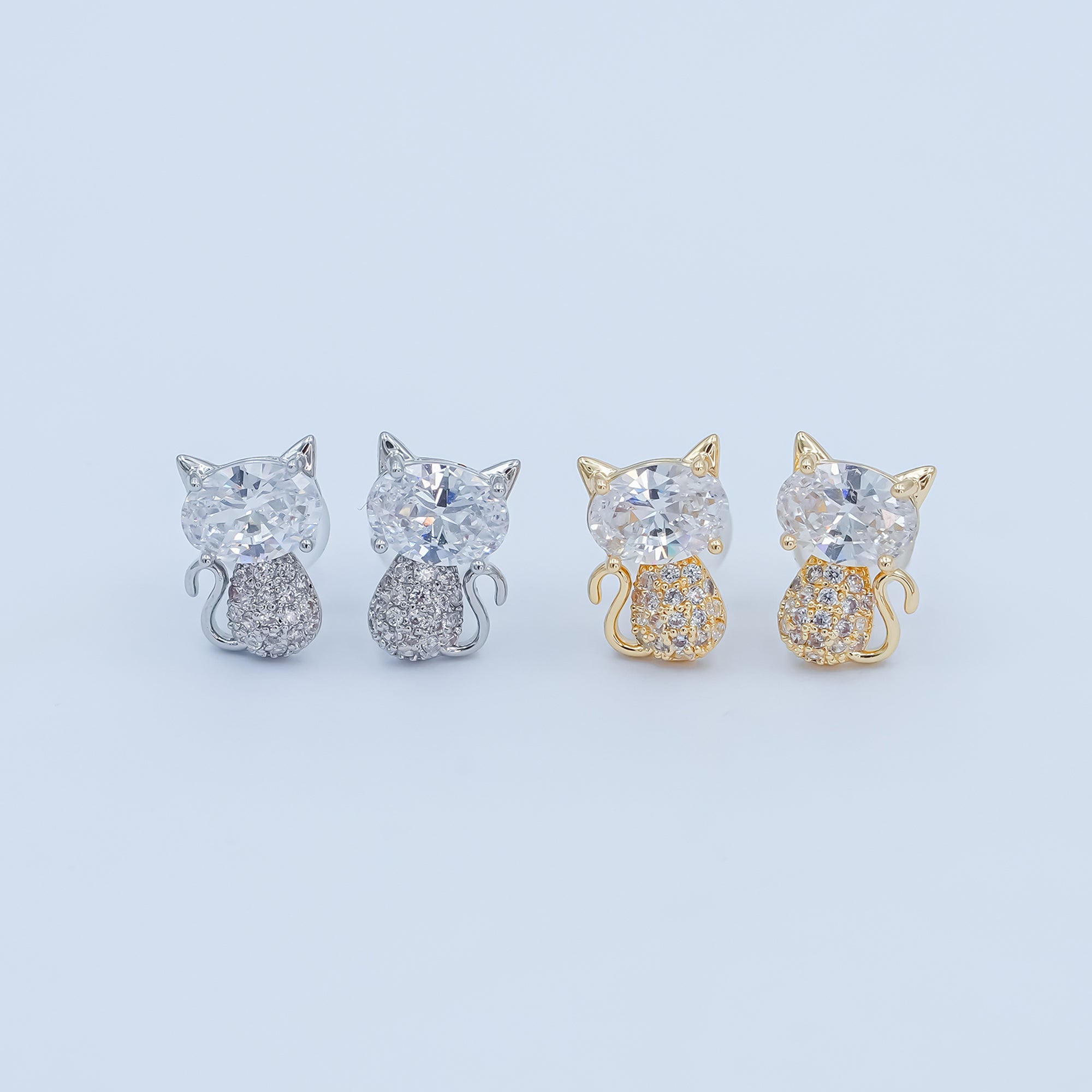 24K Gold Plated Micro Paved CZ Kitten Cat Stud Earrings Set in Gold & Silver | AB222 AB223