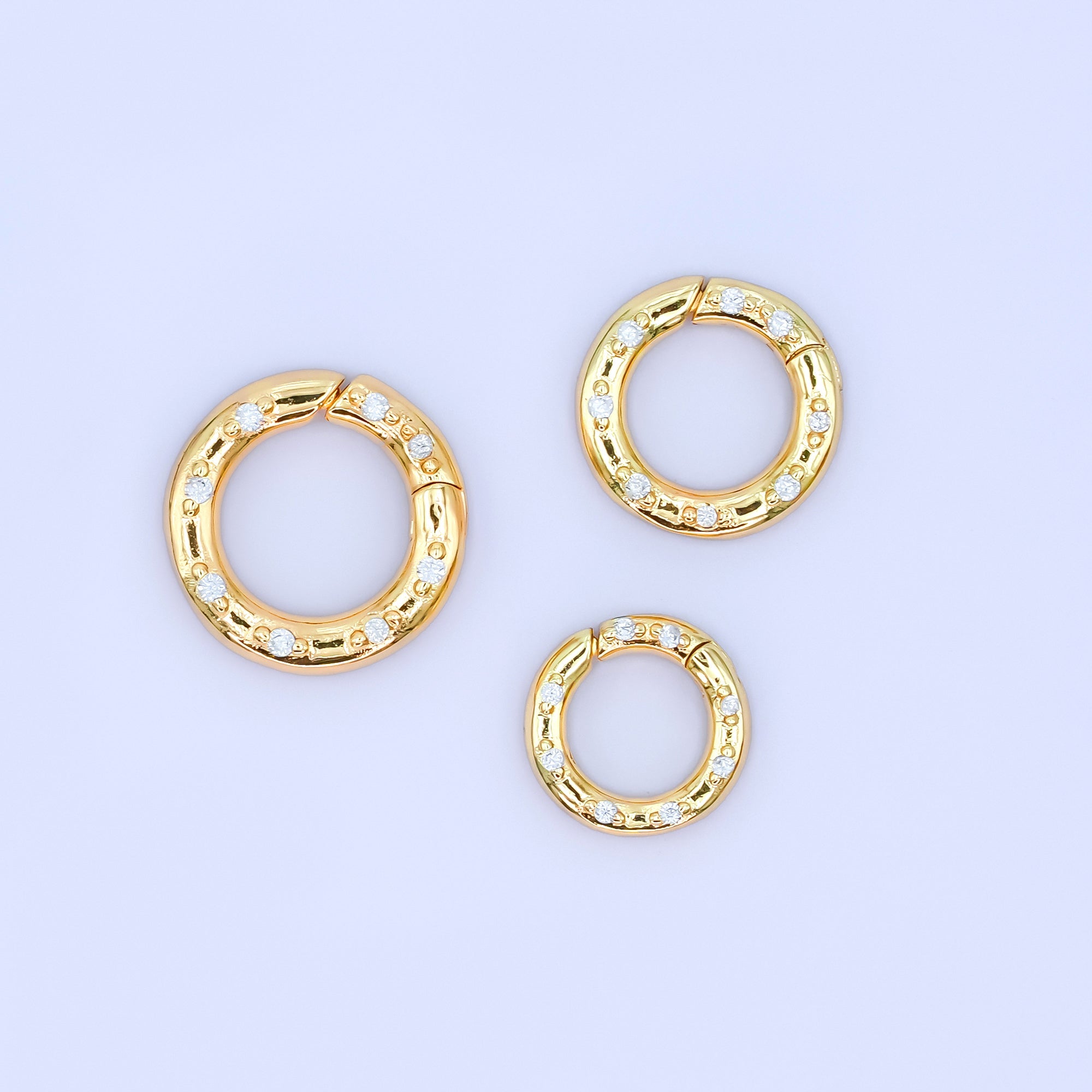 24K Gold Filled 12mm, 14mm, 16mm Clear CZ Dotted Round Pull Gate Findings in Gold & Silver | Z1051 - Z1053