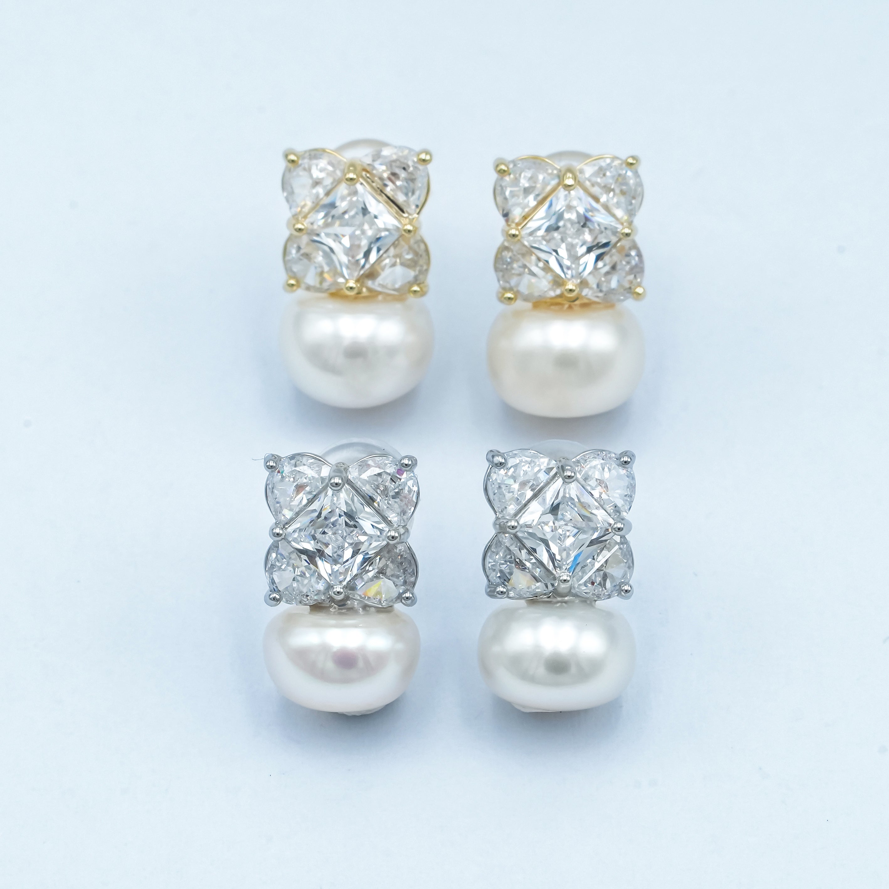 24K Gold Plated Shell Pearl CZ Geometric Stud Earrings in Gold & Silver | AB255 AB256