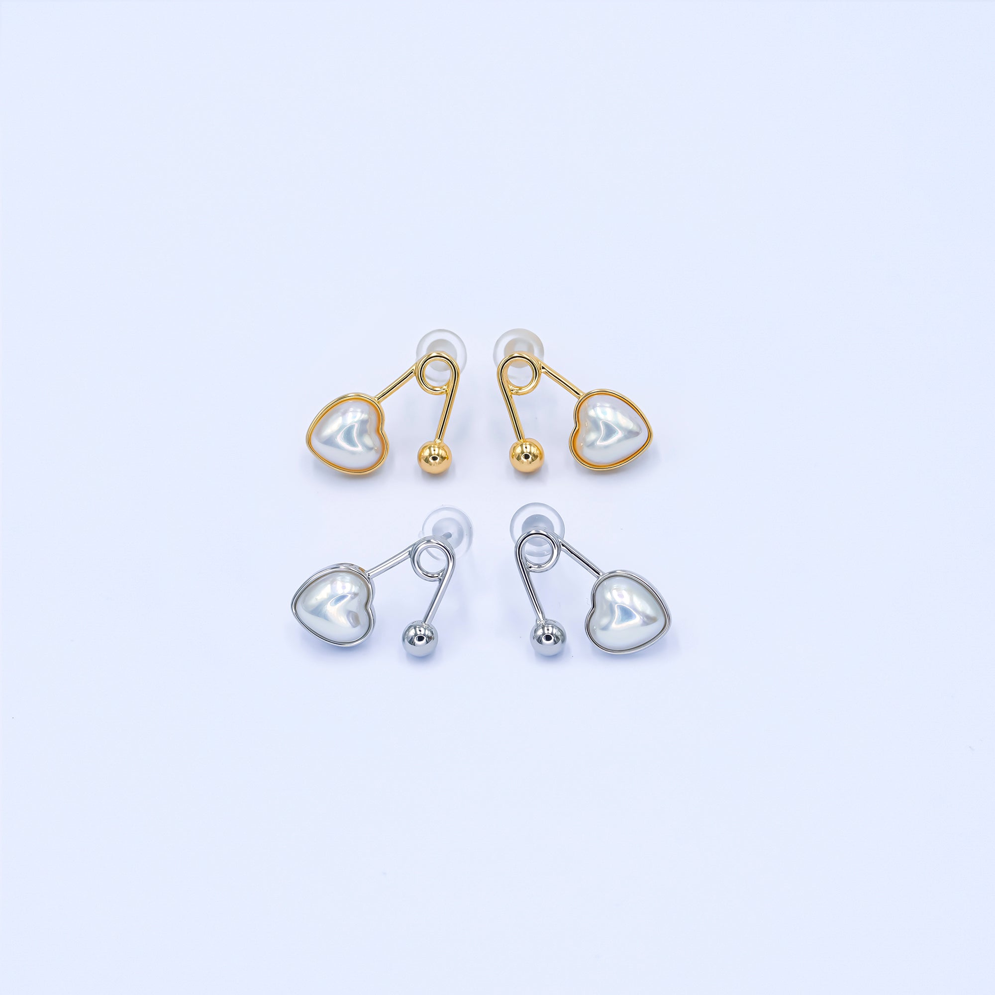 24K Gold Plated White Shell Pearl Heart Safety Pin Earrings Set in Gold & Silver | AB565 AB591