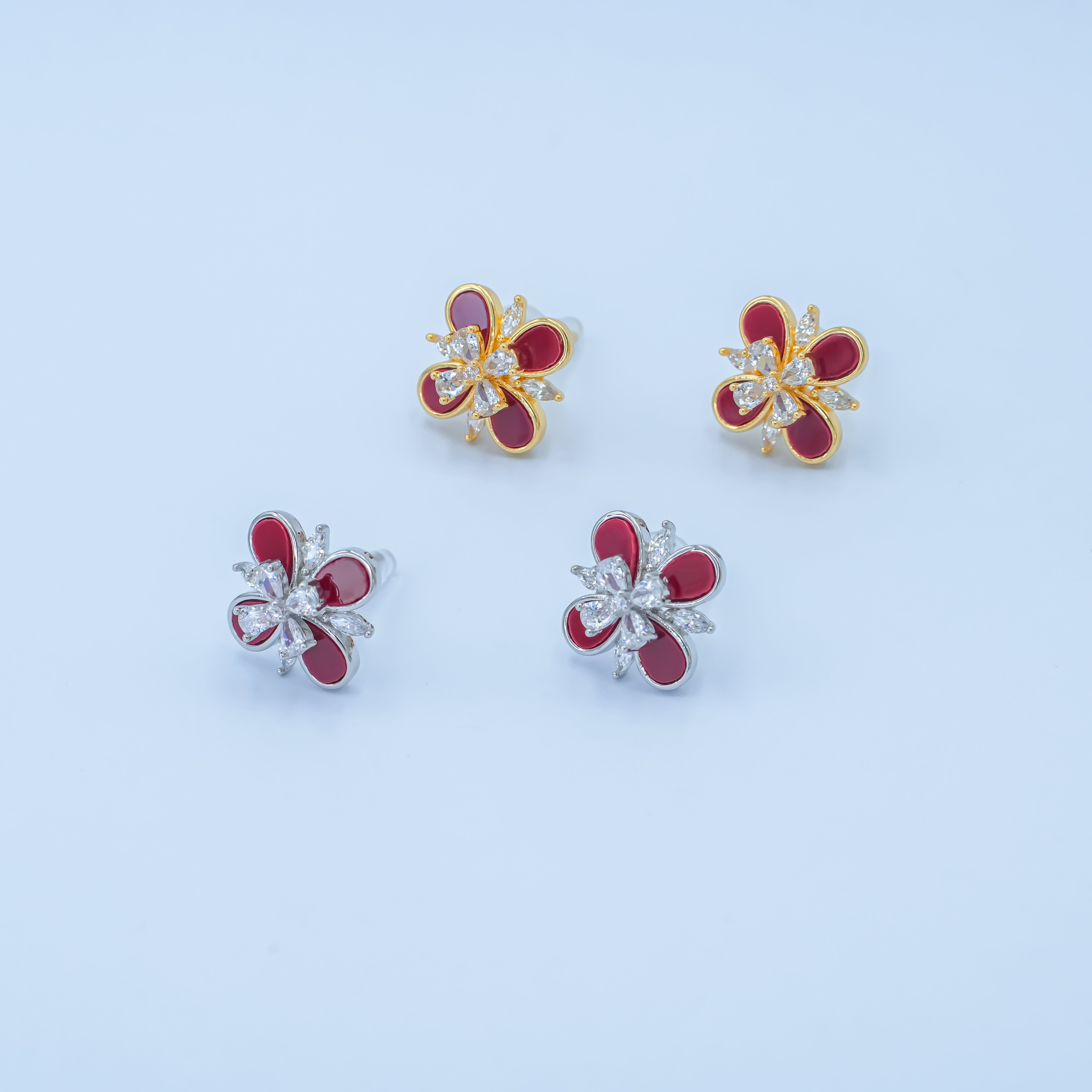 24K Gold Plated CZ Carnelian Red Flower Stud Earrings in Gold & Silver | AB177 AB178