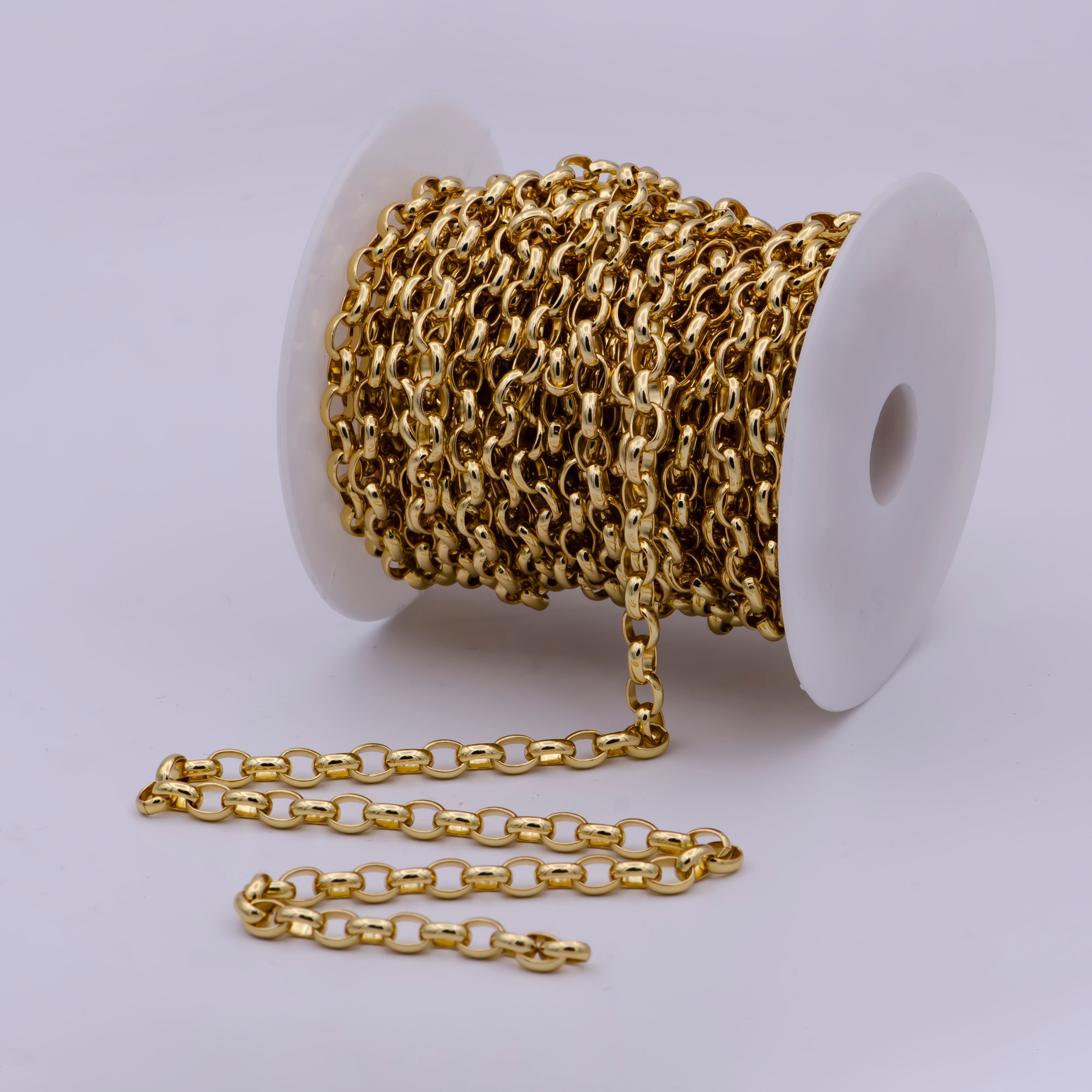 24K Gold Filled Thick Rolo Unfinished Chain by Yard, Thick Chunky 7.6X6 Rolo Wholesale Bulk Roll Chain For Jewelry Making | ROLL-572 - DLUXCA