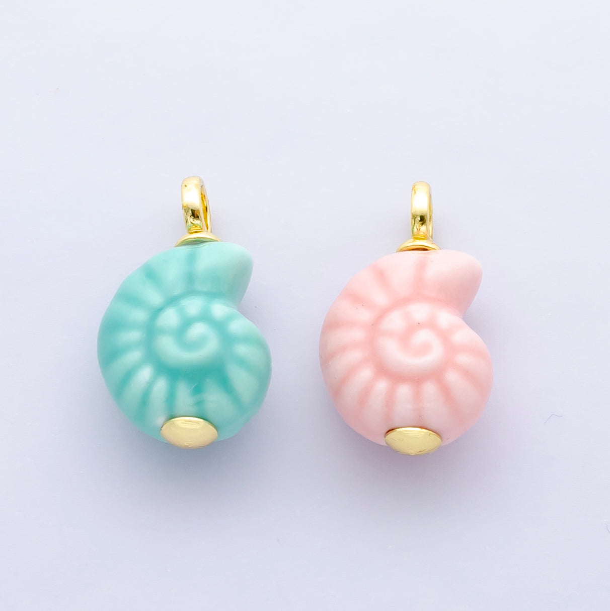 24K Gold Filled Blue, Pink Nautilus Clam Sea Shell Ceramic Drop Charm | N081
