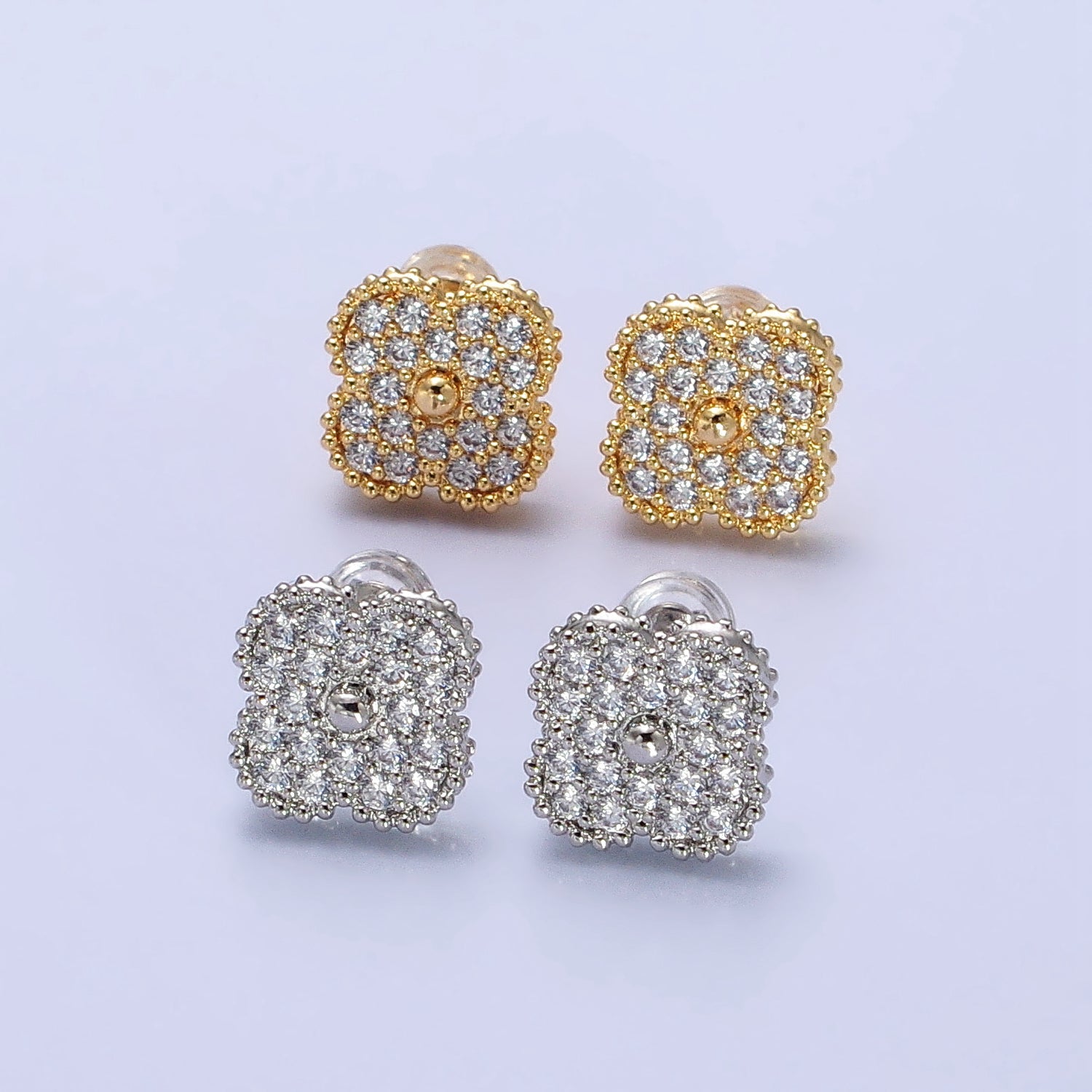 OS 16K Gold Filled Clear Micro Paved CZ Clover Quatrefoil Stud Earrings in Gold & Silver | AB360 AB361