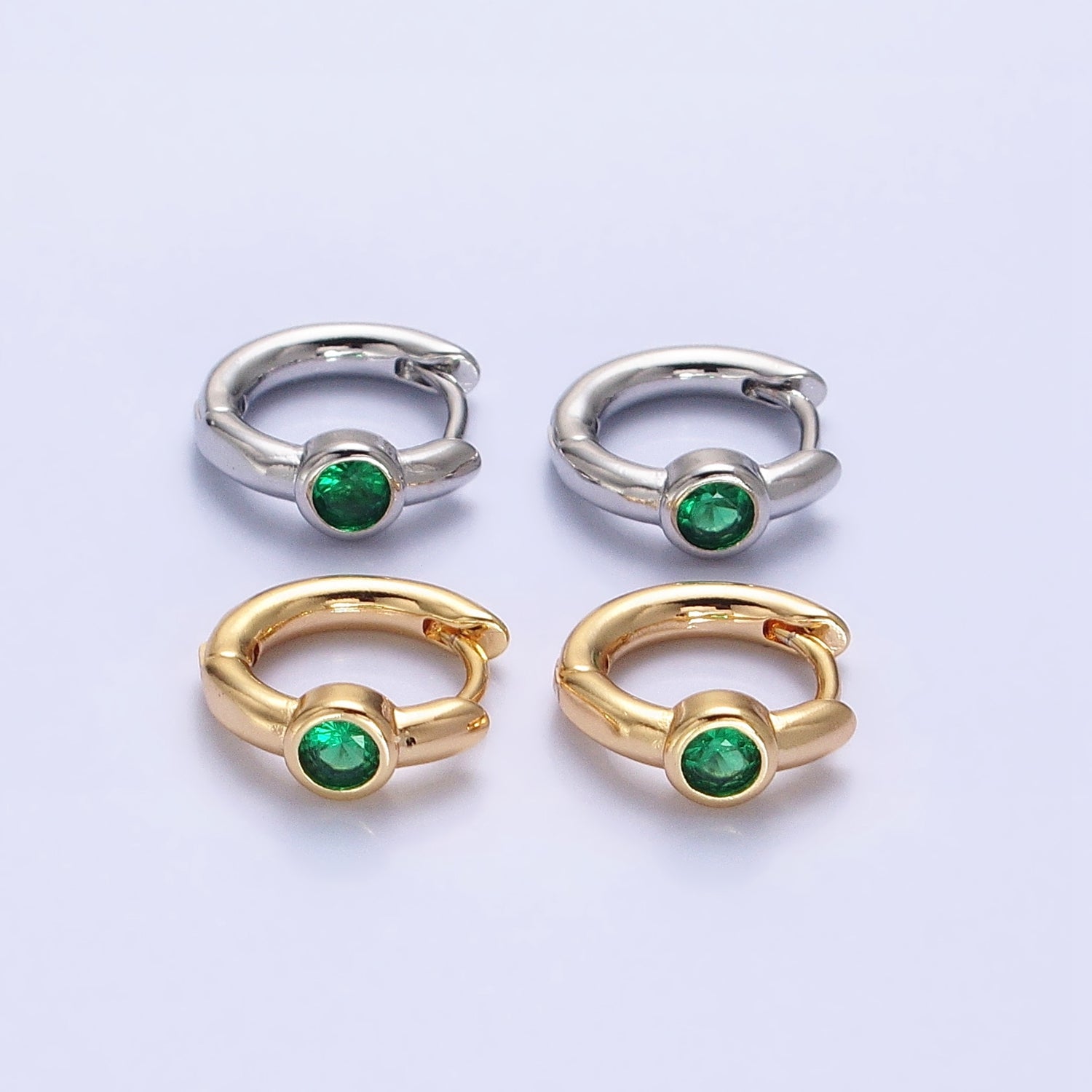 Silver, Gold Round Green CZ 12mm Cartilage Huggie Earrings | AB897 AB914 - DLUXCA