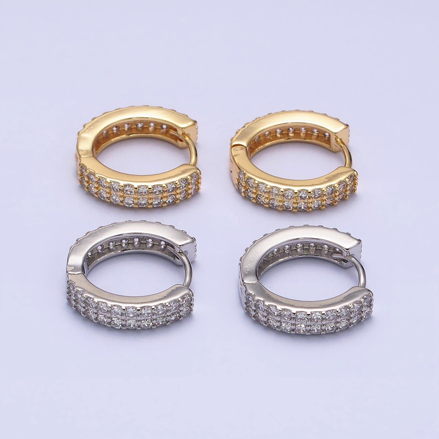 16K Gold Filled Double Sided Micro Paved CZ 16.5mm Huggie Hoop Earrings in Gold & Silver | AB953 AB1546 - DLUXCA