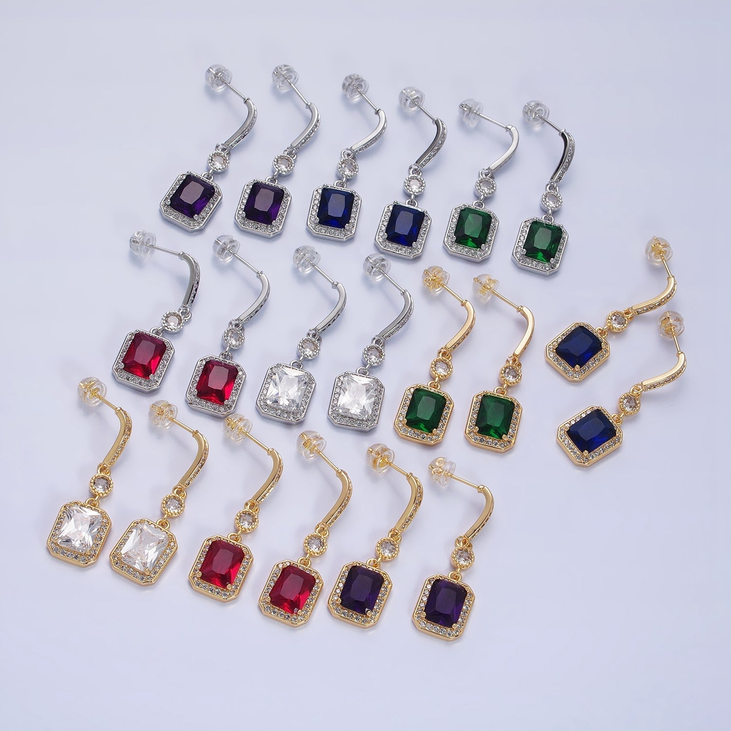 Silver, Gold Baguette Purple, Clear, Green, Red Blue Drop Dangle Micro Paved Bar Stud Earrings | AB987 - AB996 - DLUXCA