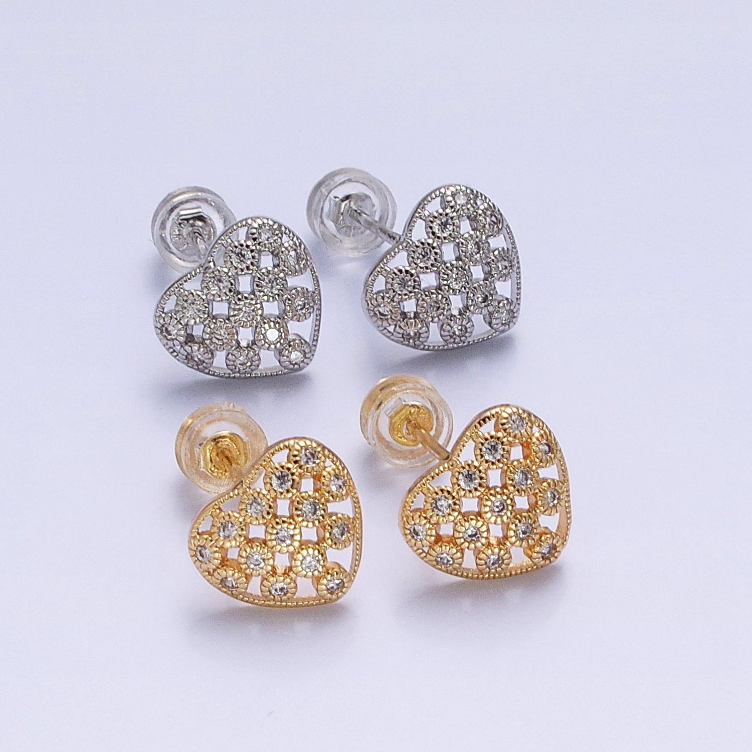 14K Gold Filled 10mm Clear CZ Lined Open Heart Stud Earrings in Gold & Silver | AB1014 AB1015 - DLUXCA