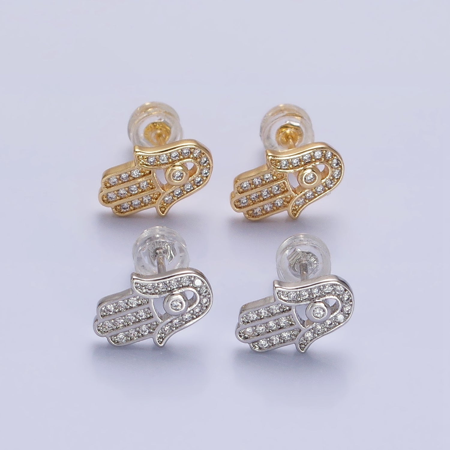 Gold, Silver Micro Paved Clear CZ Protection Hamsa Hand Evil Eye Stud Earrings | AB1012 AB1013 - DLUXCA