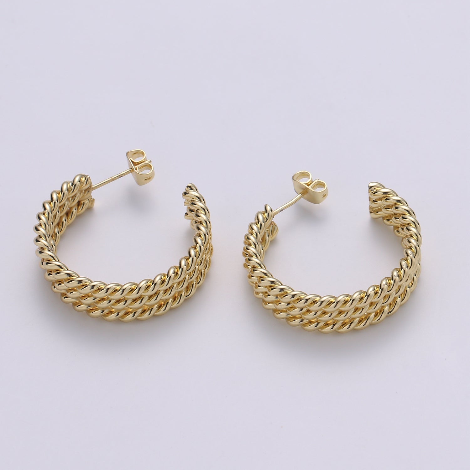 14K Gold Filled 30mm Triple Twisted Croissant Rope C-Shaped Hoop Earrings | Q247