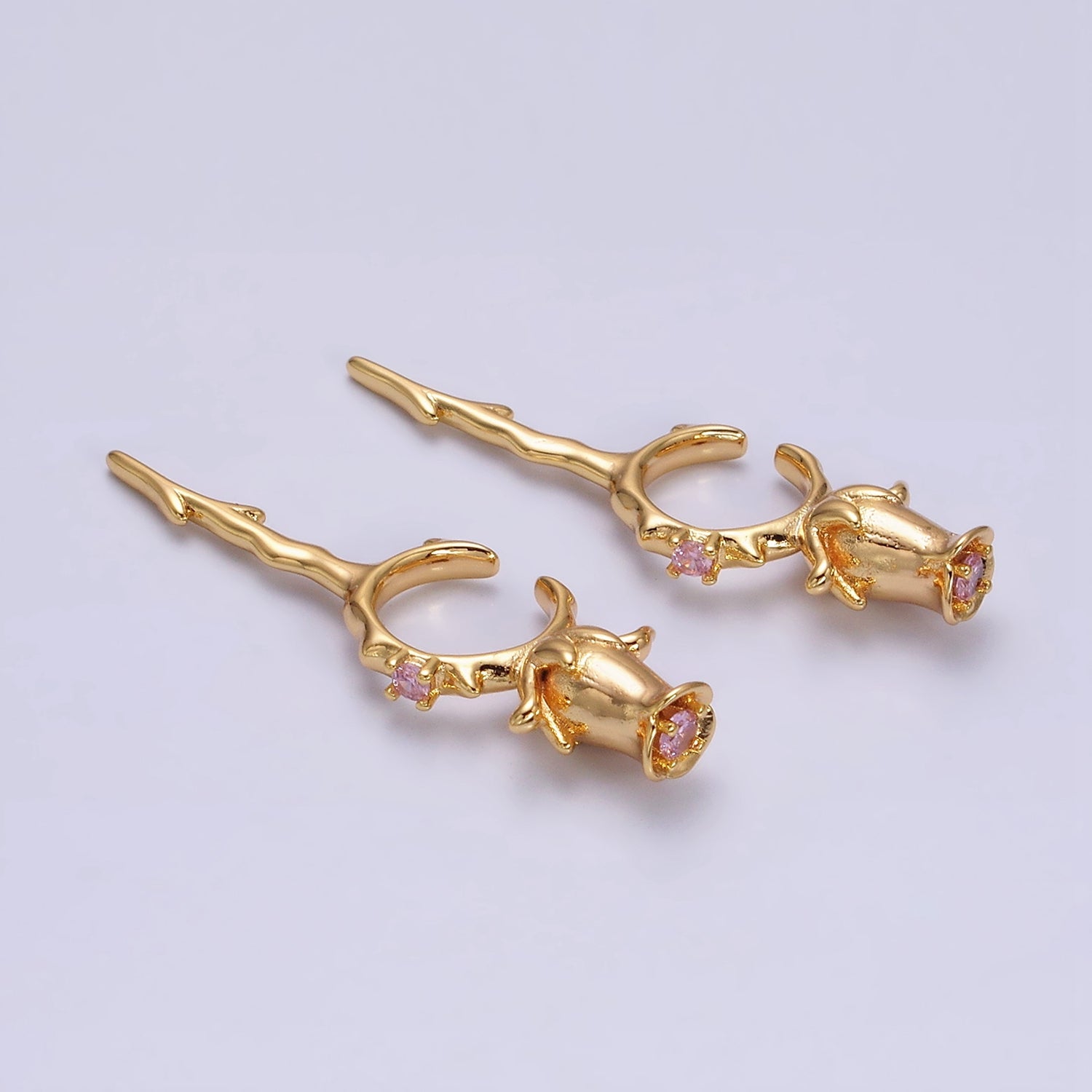 16K Gold Filled Pink CZ Rose Flower Molten Drip Linear Ear Cuff Earrings in Gold & Silver | AI015 AI016