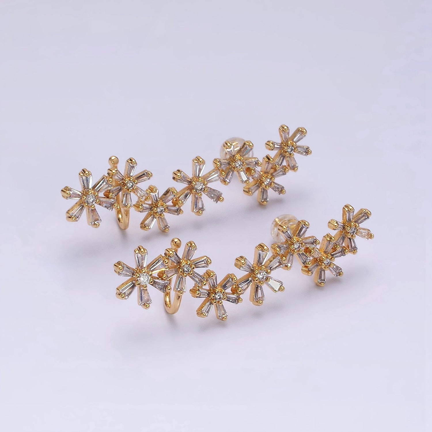 16K Gold Filled Multiple Flower Clear Baguette Ear Crawler Cuff Stud Earrings in Gold & Silver | G376 G381 - DLUXCA