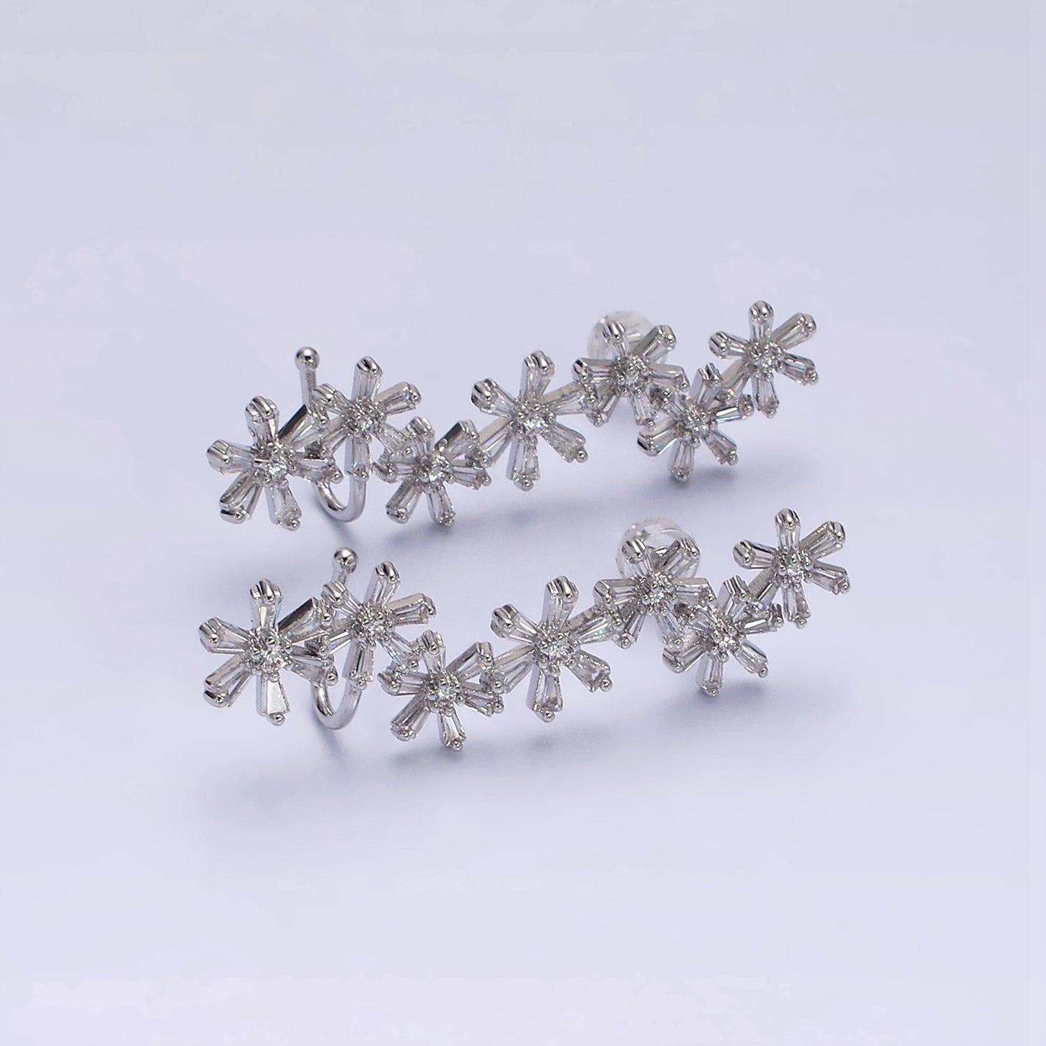 16K Gold Filled Multiple Flower Clear Baguette Ear Crawler Cuff Stud Earrings in Gold & Silver | AI-017 AI-018