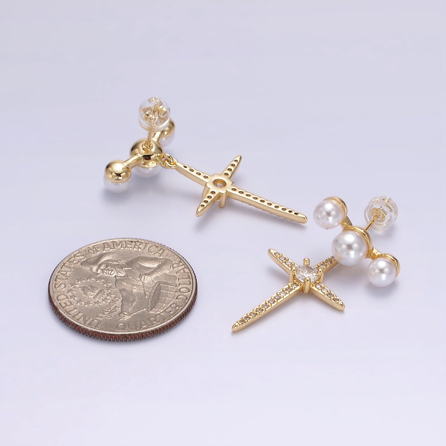 14K Gold Filled Celestial North Star Micro Paved CZ Triple Pearl Stud Earrings in Gold & Silver | AE1041 AE-926 - DLUXCA