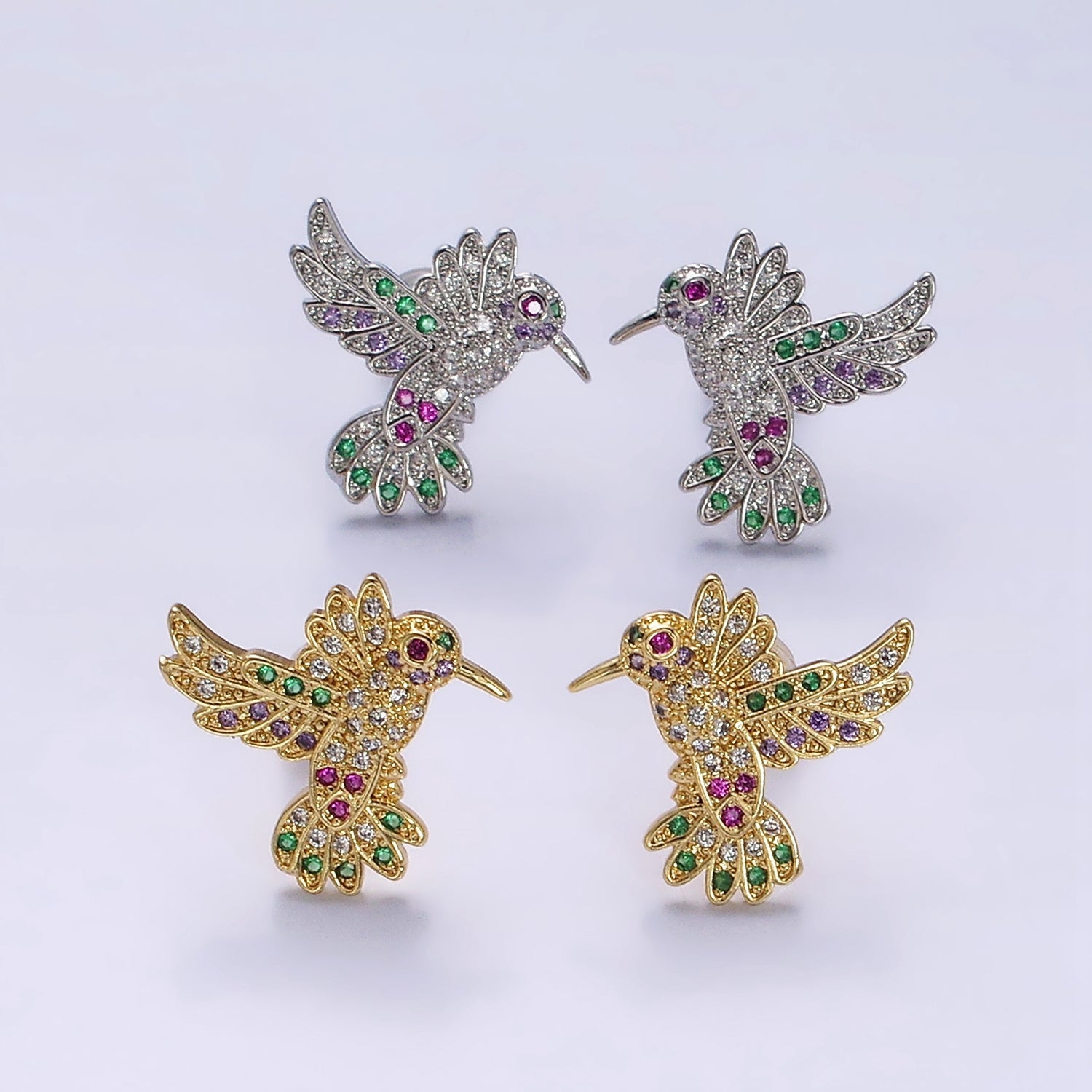 14K Gold Filled Multicolor Micro Paved CZ Hummingbird Pet Earrings Set in Gold & Silver | Y902 Y903 - DLUXCA