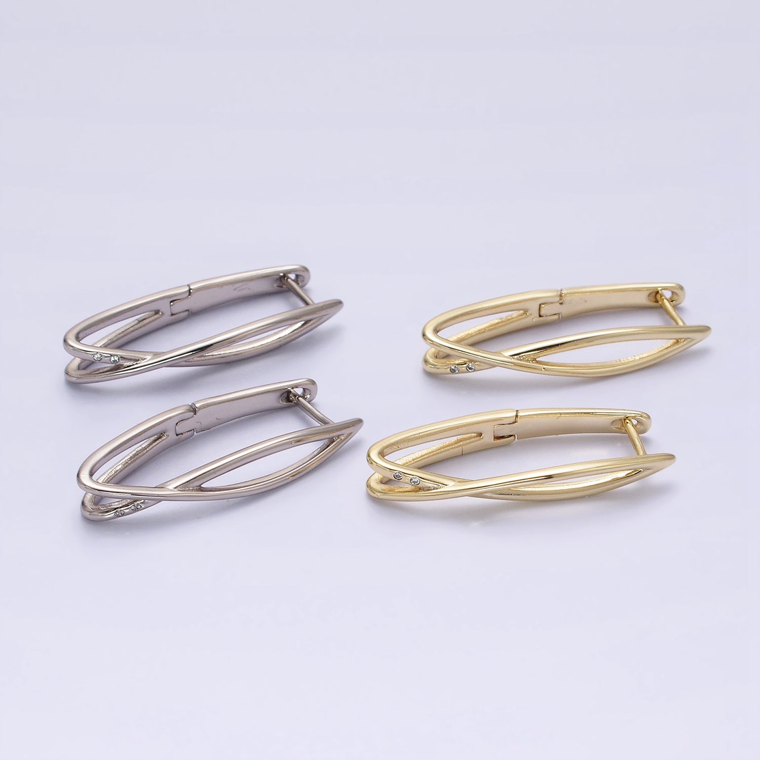 14K Gold Filled Double Band X Geometric Oblong English Lock Earrings in Gold & Silver | Y900 Y901 - DLUXCA