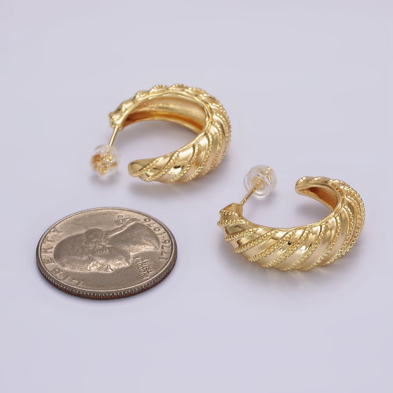 14K Gold Filled 25mm Beaded Croissant C-Shaped Hoop Earrings | AE358