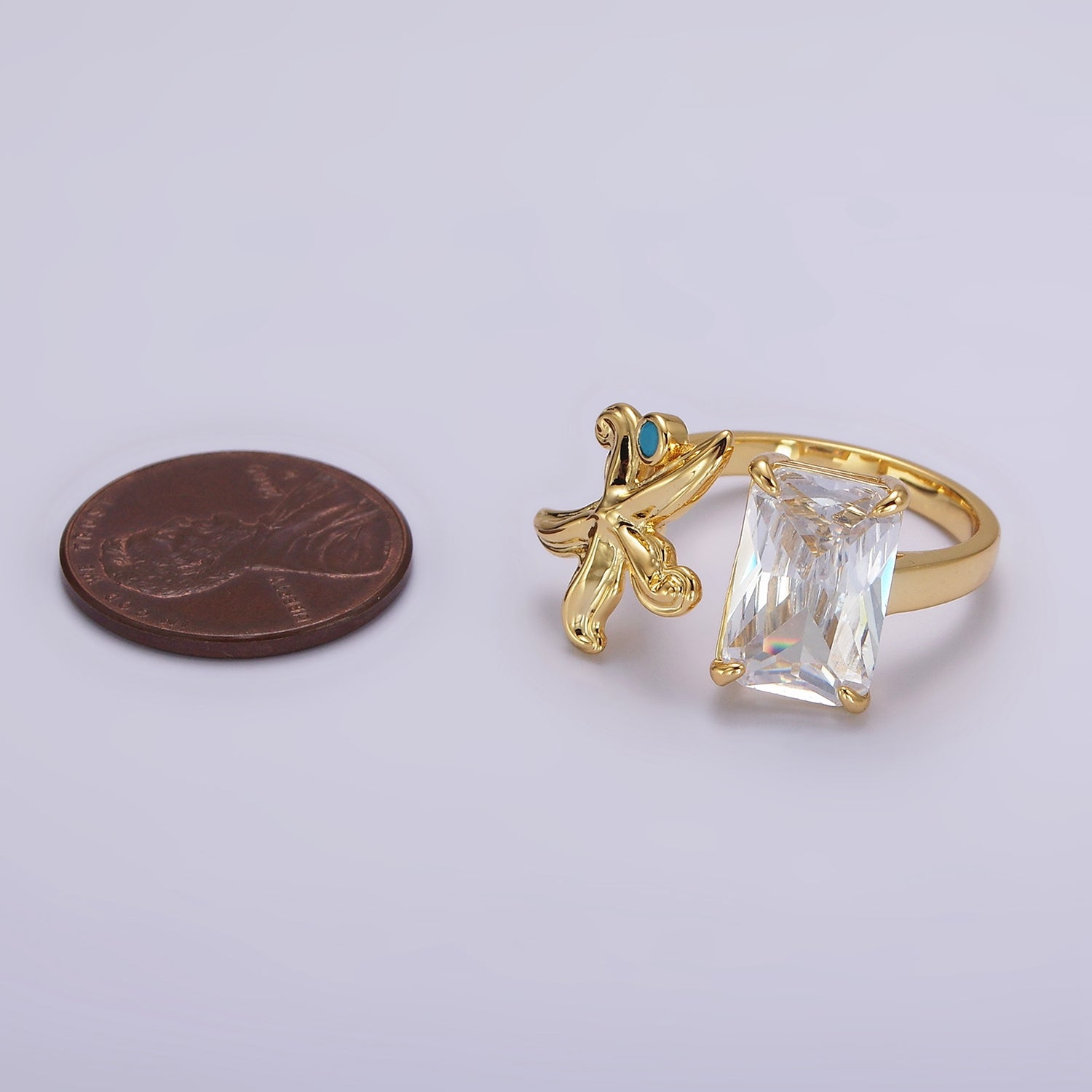 24K Gold Filled Starfish Turquoise Clear Baguette CZ Open Claw Ring | O1238