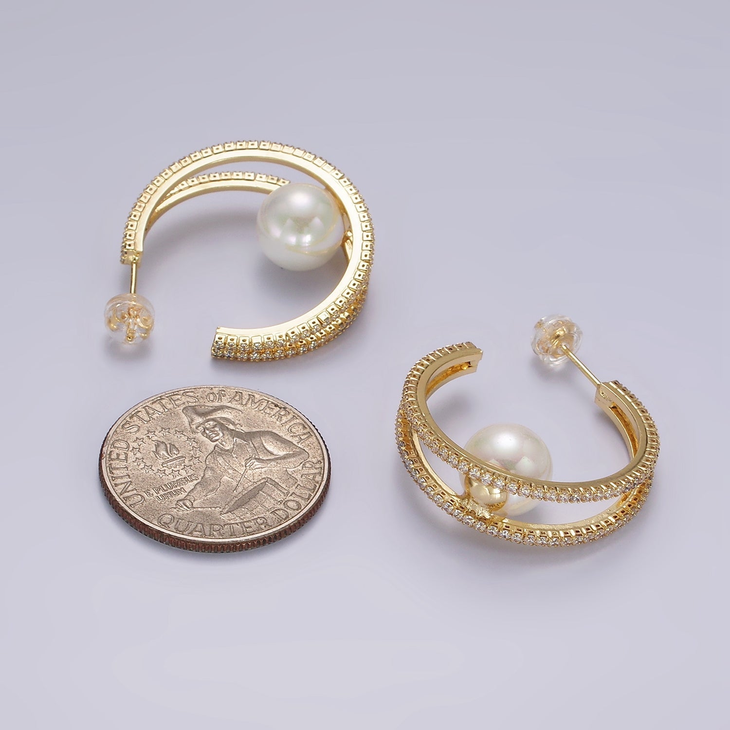 14K Gold Filled 30mm Pearl Double CZ Lined C-Shaped Hoop Earrings in Silver & Gold | AE238 AE239 - DLUXCA