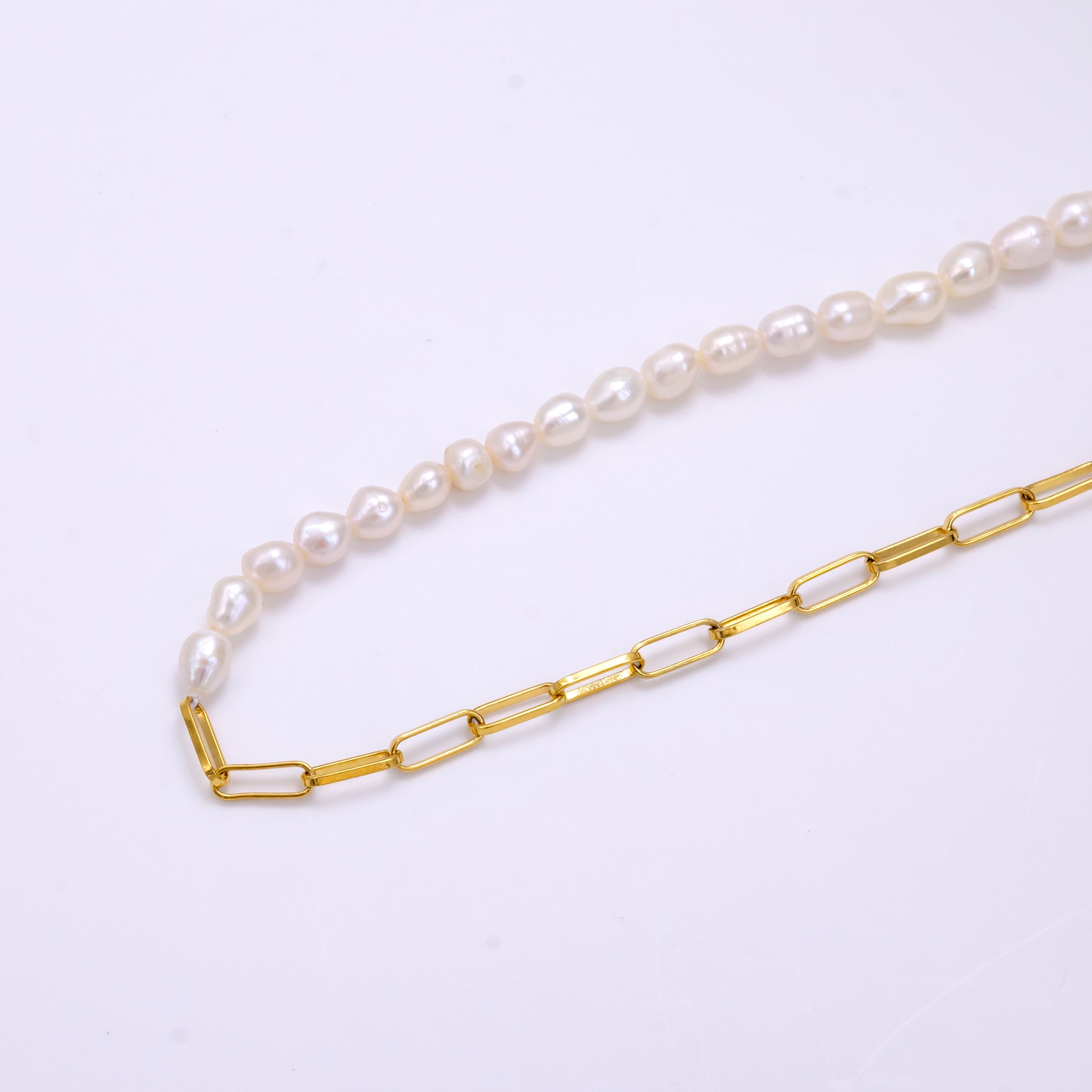 Stainless Steel 4mm Paperclip Half Ringed Freshwater Pearl 16 Inch Choker Necklace | WA-2324