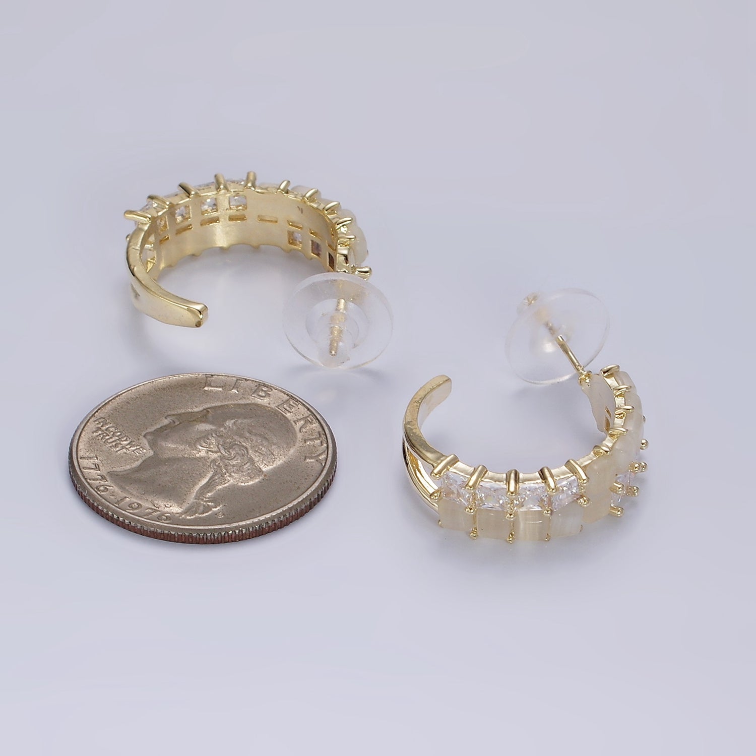 14K Gold Filled Clear CZ White Cat Eye Double Lined C-Shaped Hoop Earrings in Gold & Silver | AE307 AE308