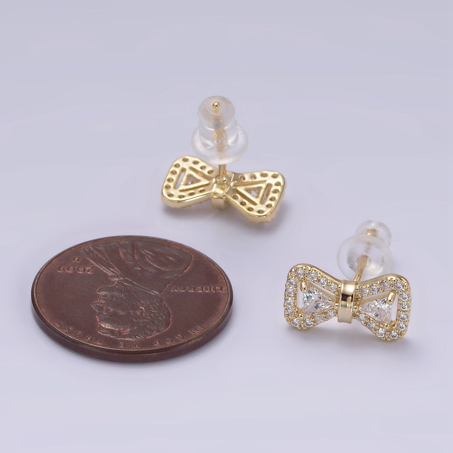 14K Gold Filled Bow Ribbon Micro Paved Stud Earrings in Gold & Silver | V267