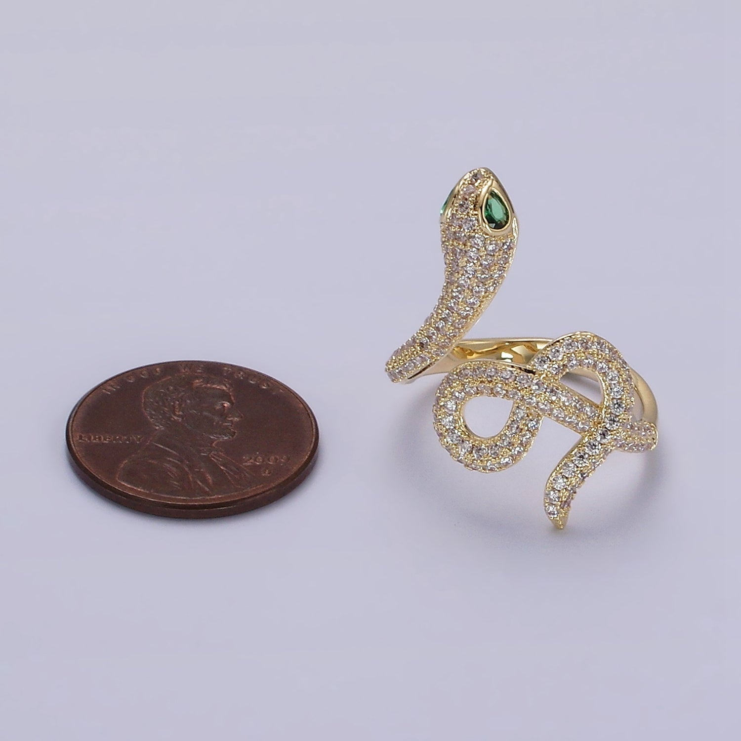 Gold Plated Green Eyed CZ Micro Paved Snake Serpent Ring | O1189