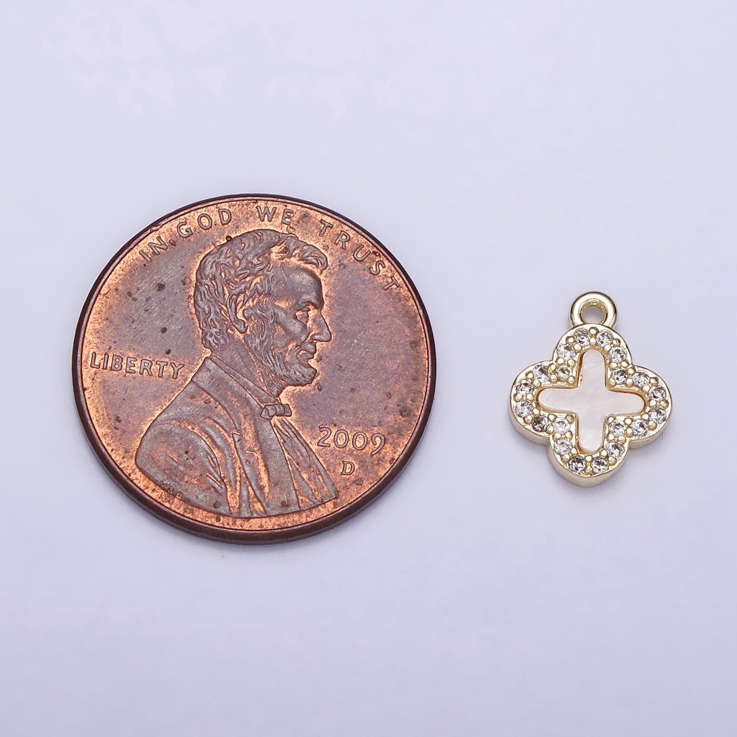 14K Gold Filled 16.5mm Clover Quatrefoil Shell Pearl CZ Micro Paved Charm | AC1052 - DLUXCA