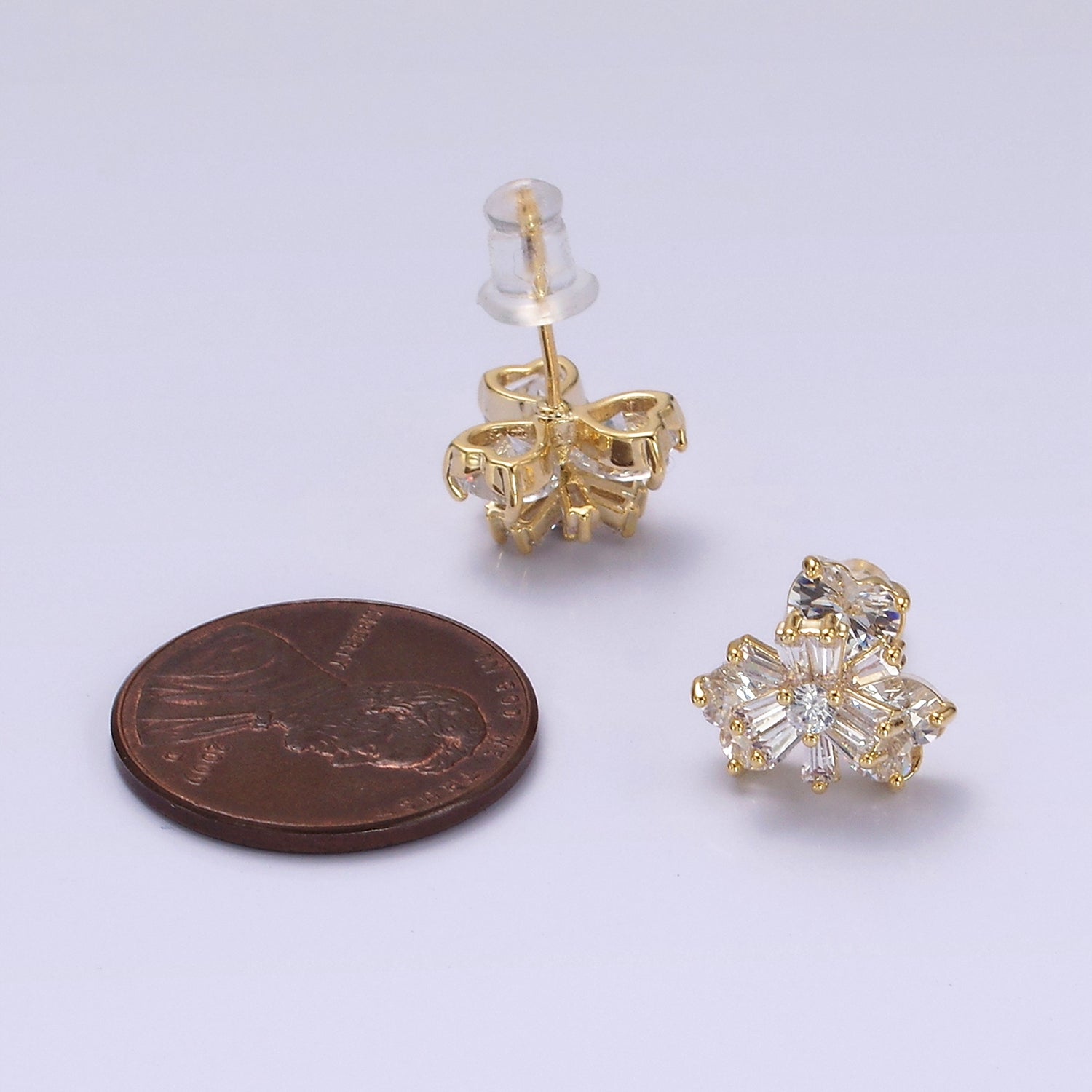 14K Gold Filled 10mm Flower Nature Clear CZ Baguette Stud Earrings | V266