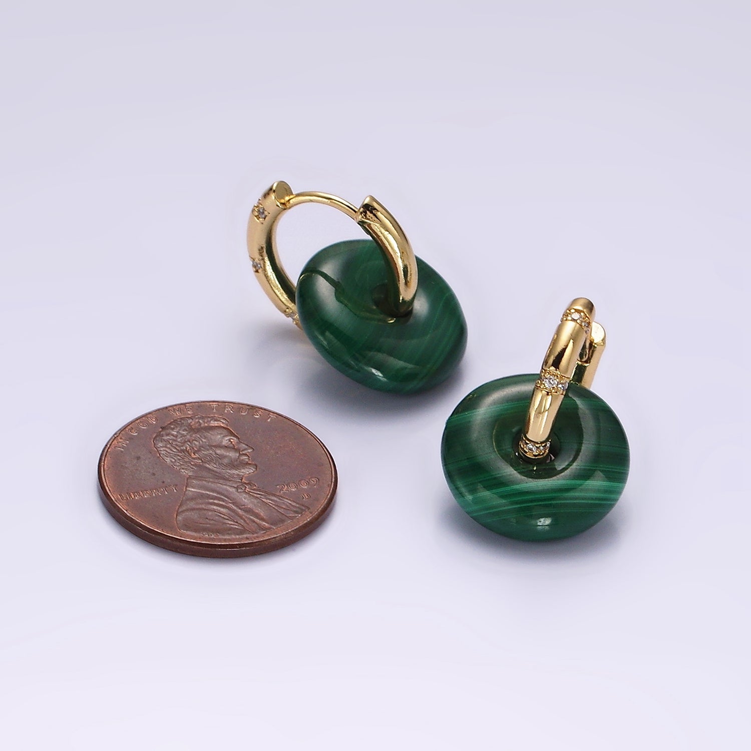 14K Gold Filled Green Malachite Donut Lined Micro Paved Huggie Earrings | AE353