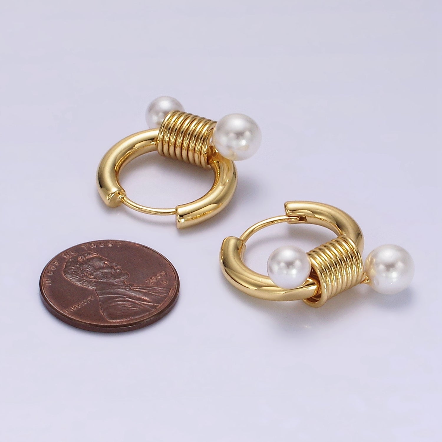 14K Gold Filled Double Pearl Spiral 20mm Huggie Earrings in Gold & Silver | AE197 AE198 - DLUXCA