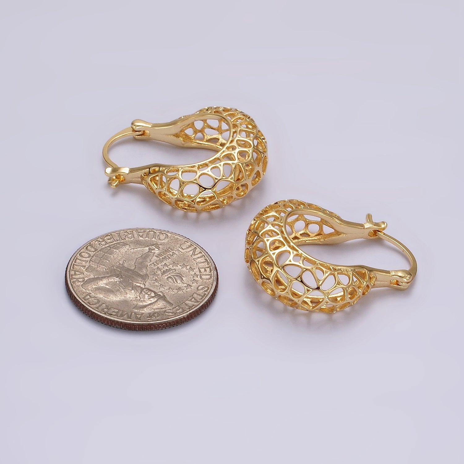 14K Gold Filled Geometric Filigree Open Dome French Lock Latch Hoop Earrings | AE222 - DLUXCA