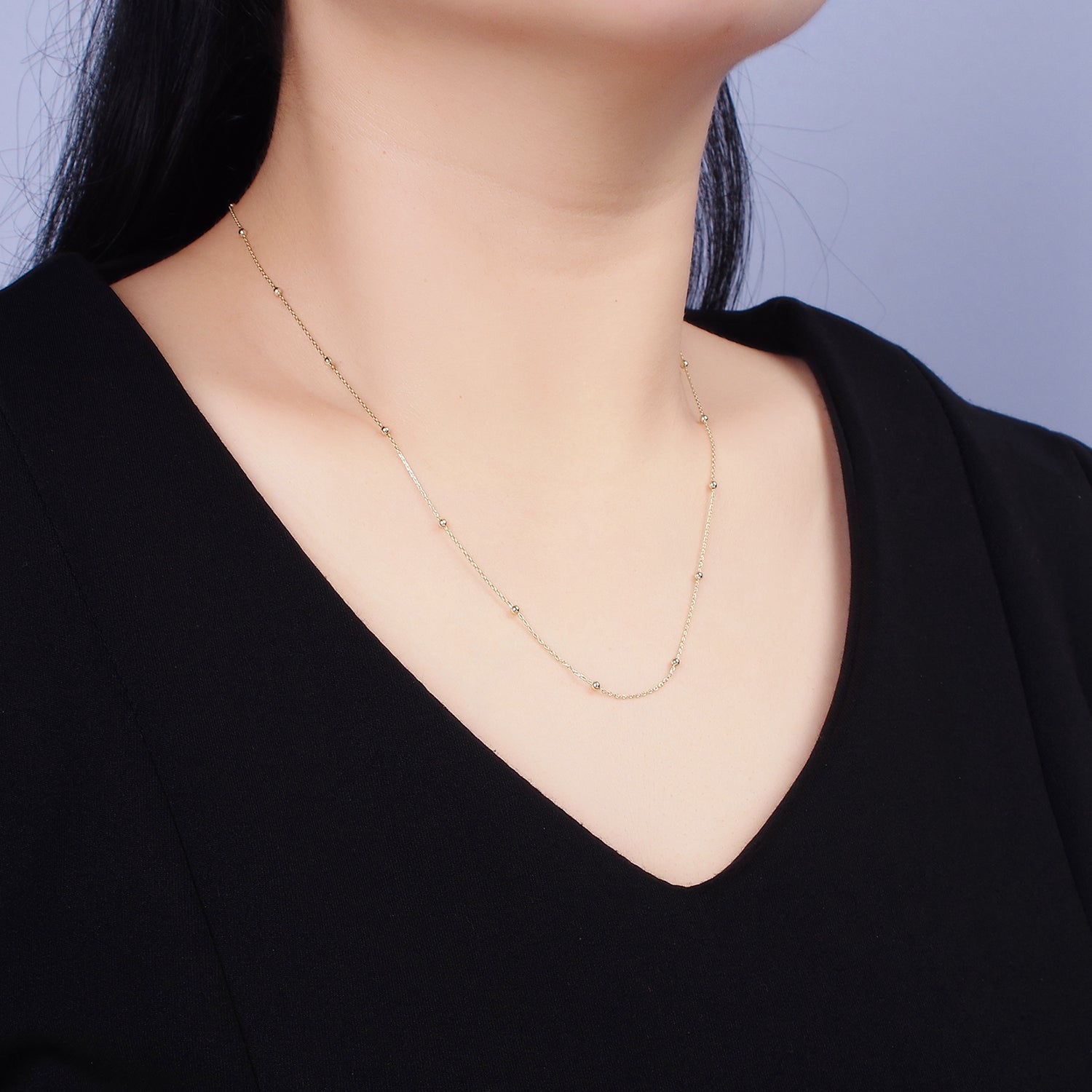 14K Gold Filled 0.5mm Dainty Satellite Beaded Cable Chain 18 Inch Layering Necklace | WA-1930 - DLUXCA