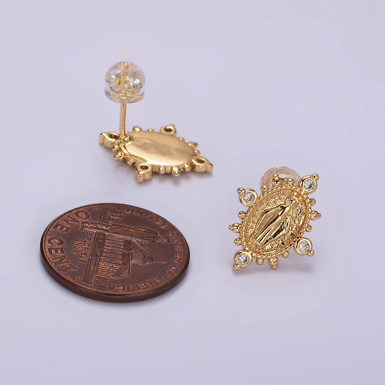 16K Gold Filled Mary Guadalupe Religious CZ Dotted Oval Stud Earrings | AB1118 - DLUXCA
